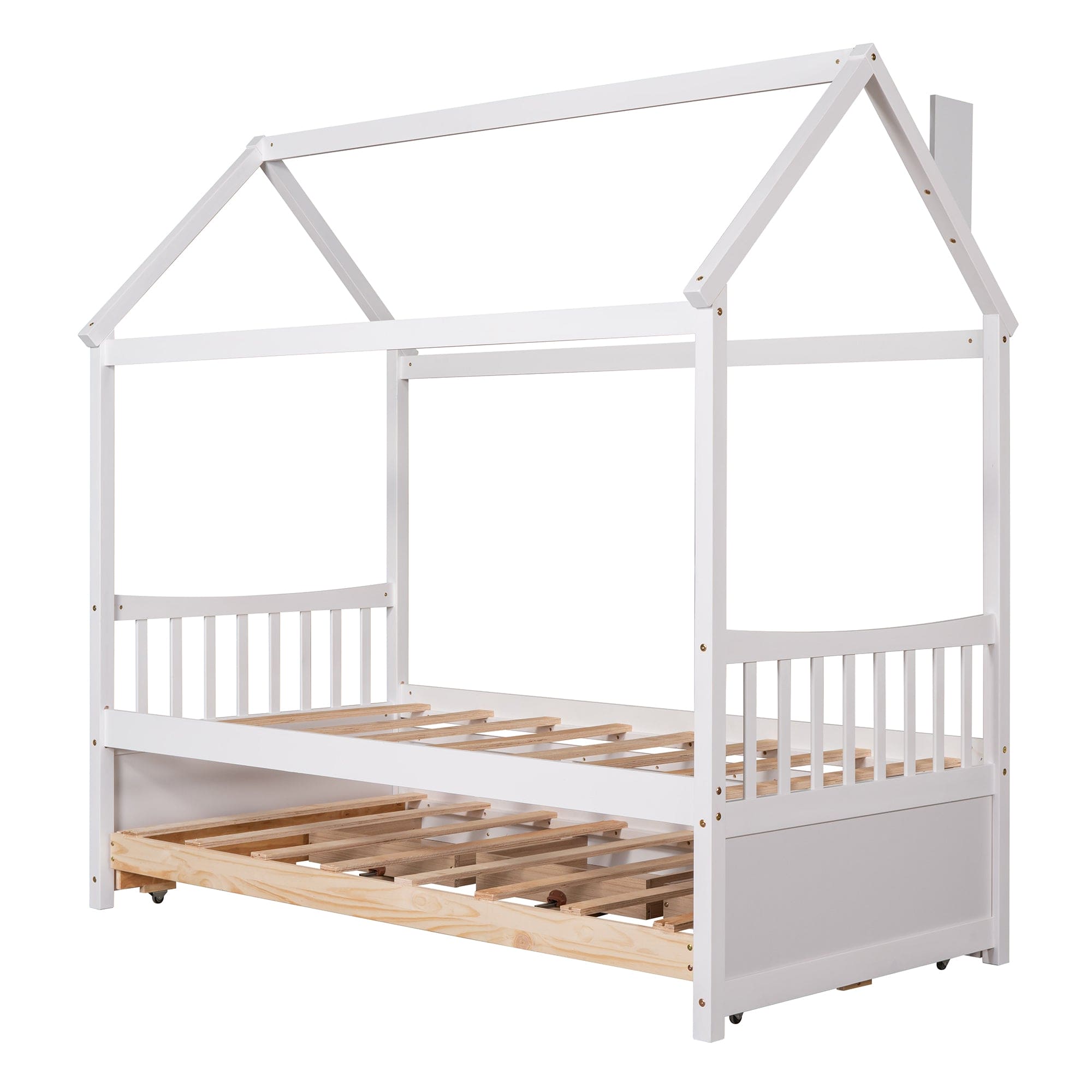 Twin size Wooden House Bed with Trundle and 3 Storage Drawers-White