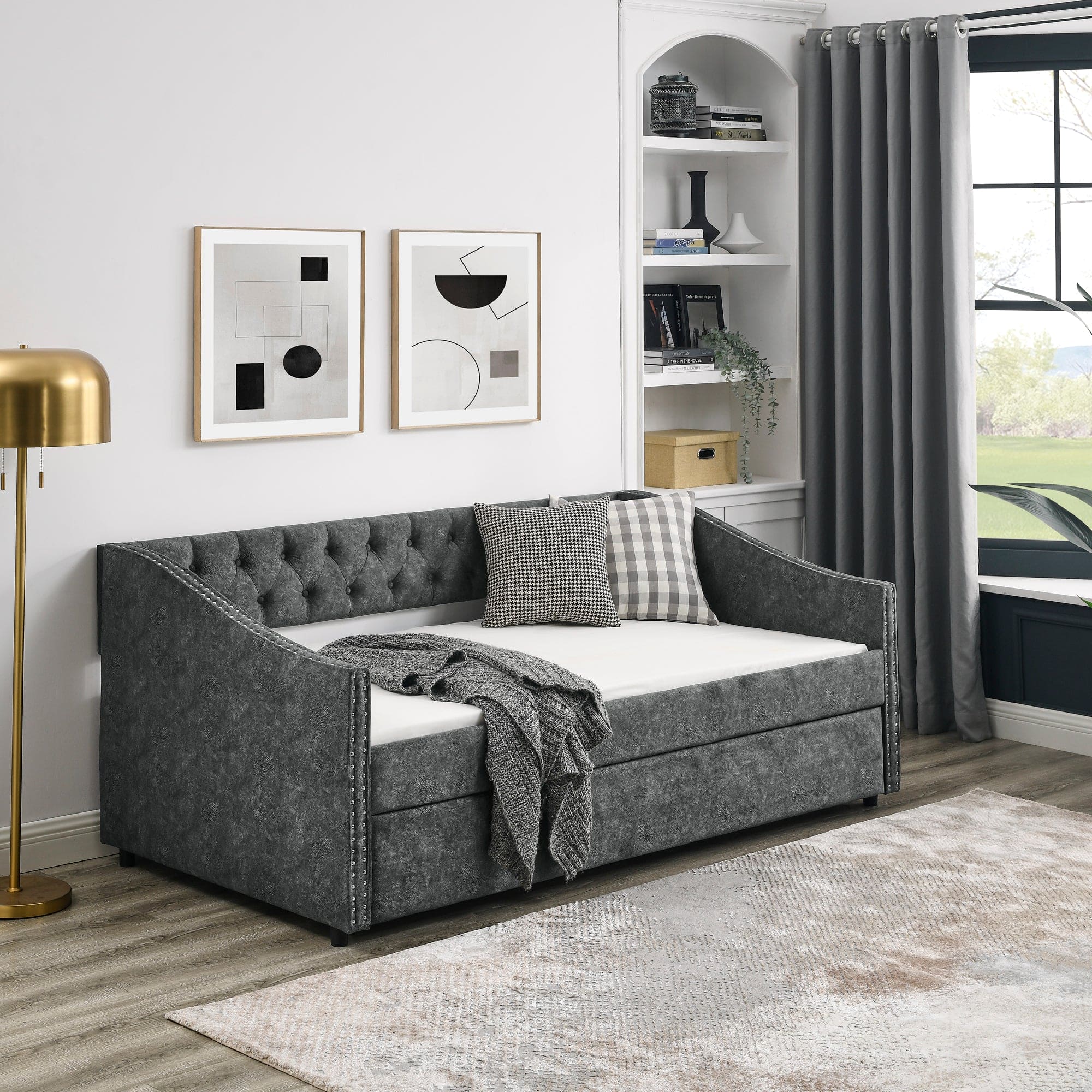 Twin Size Daybed with Twin Size Trundle Upholstered Tufted Sofa Bed, with Button on Back and Copper Nail on Waved Shape Arms, Grey (80.5"x41"x30.5")