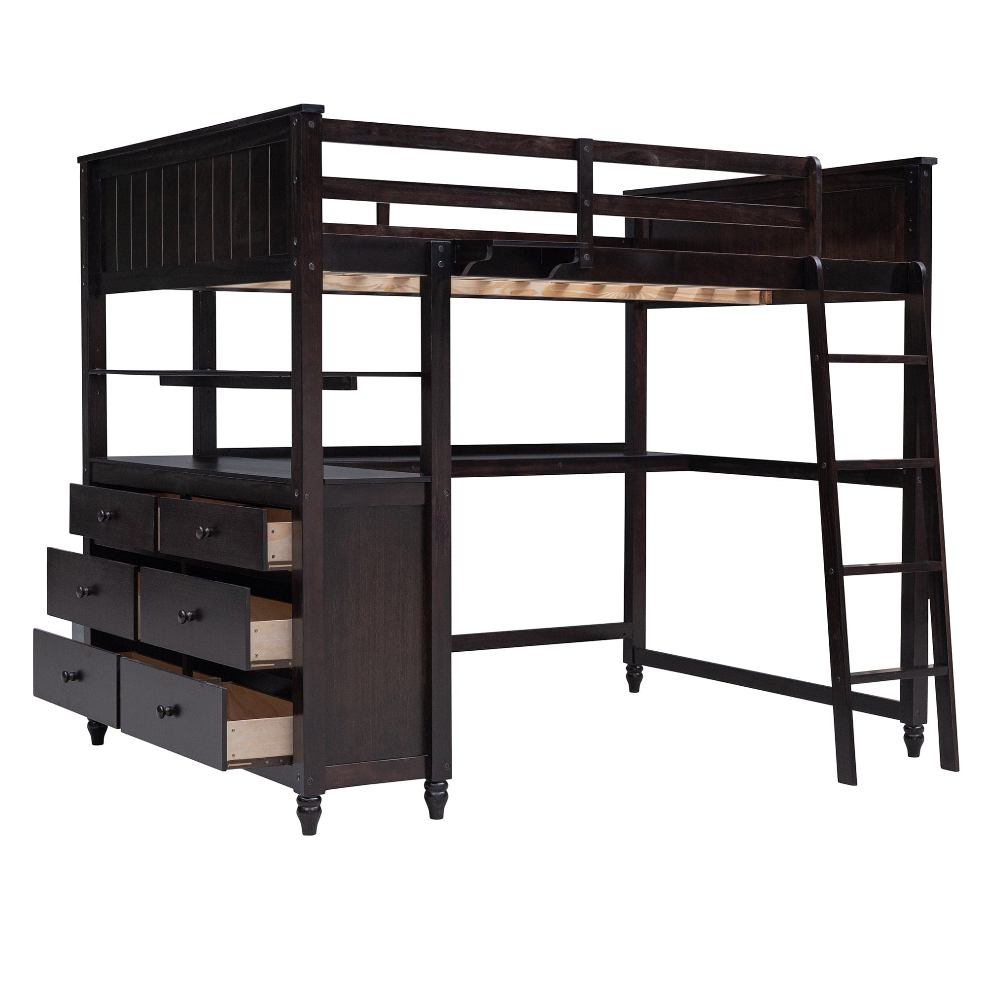 Full size Loft Bed with Drawers and Desk, Wooden Loft Bed with Shelves - Espresso(OLD SKU:LT001529AAP)