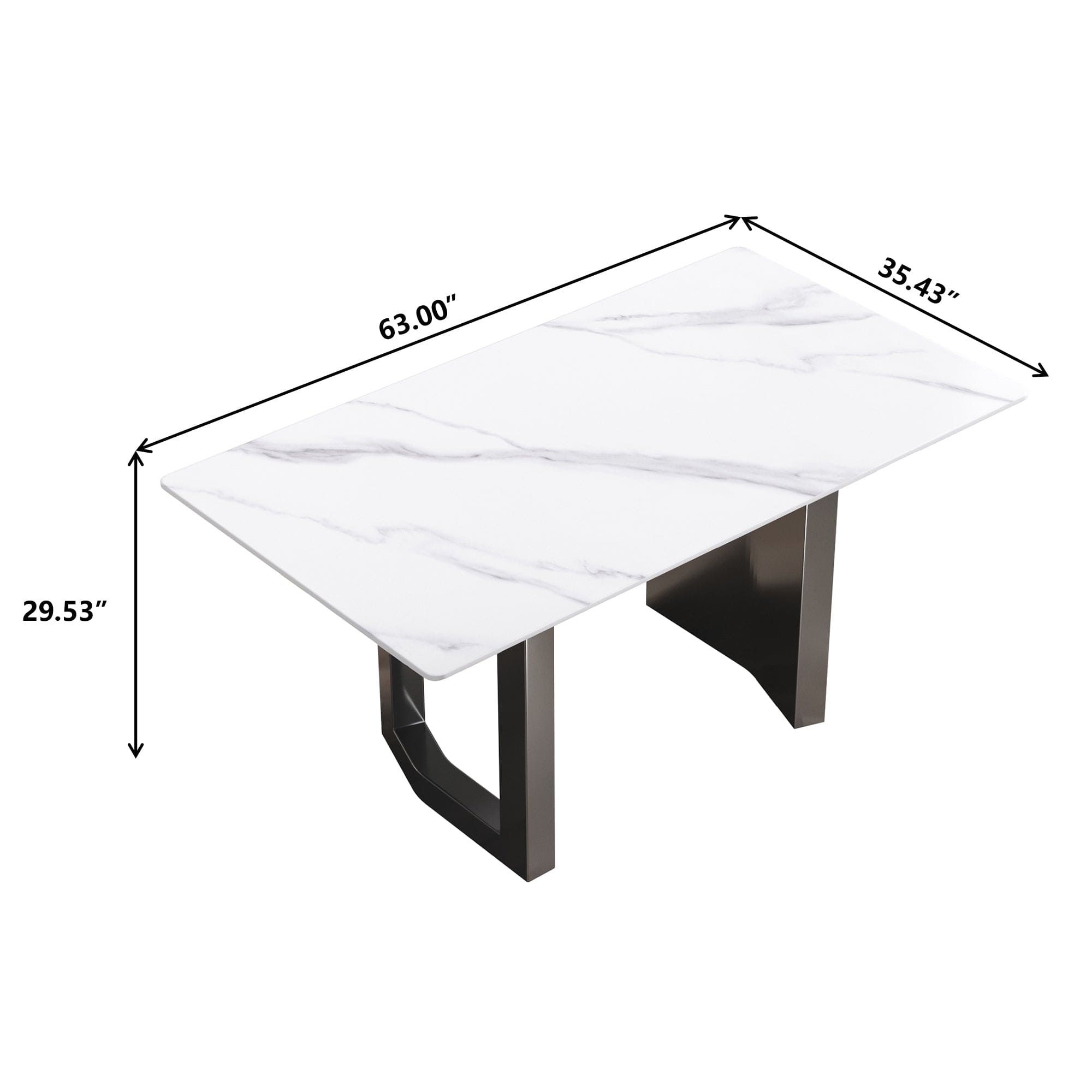 63"Modern artificial stone white straight edge black metal leg dining table -6 people