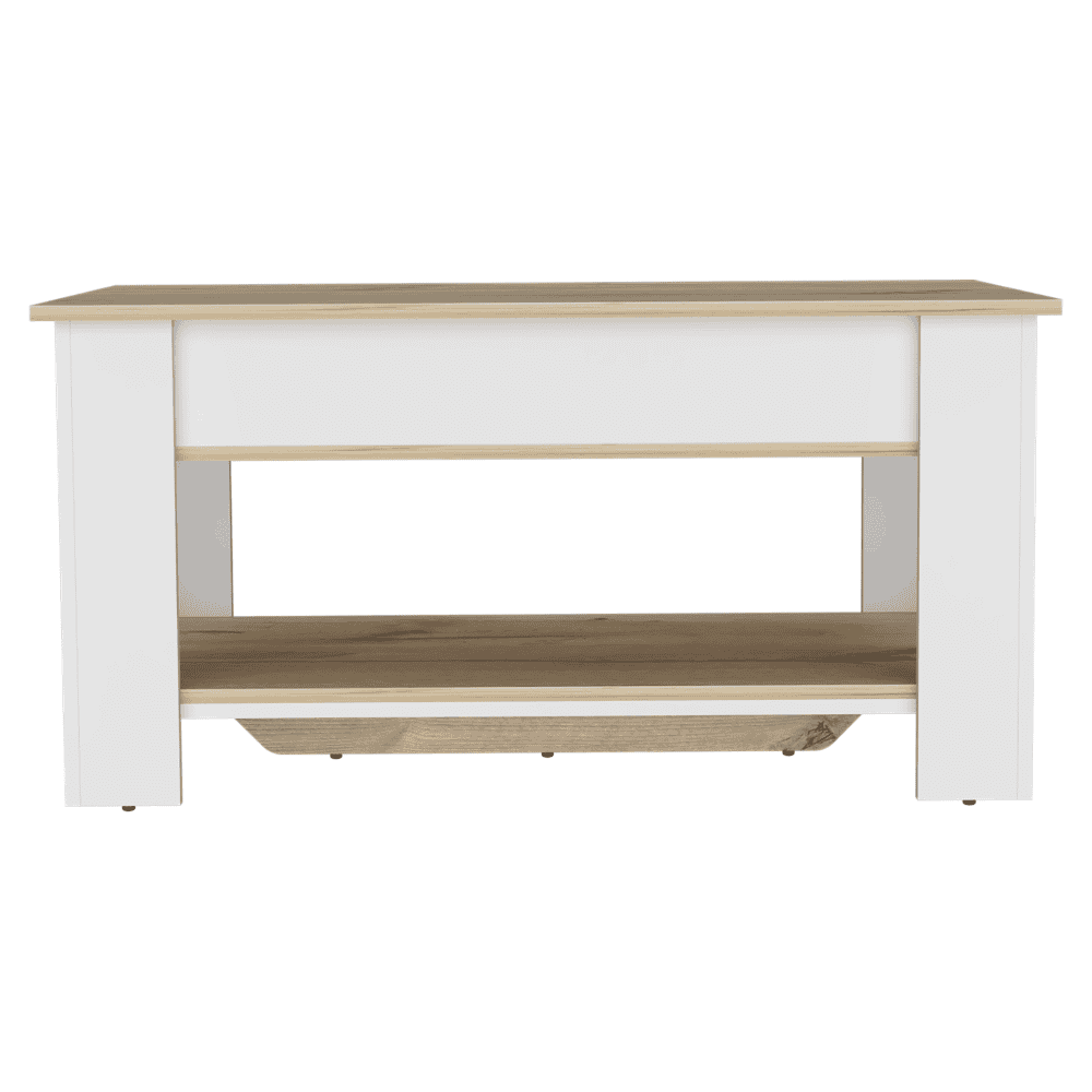 Austin Storage Table, One Extendable Table Shelf, Four Legs, Lower Shelf -Light Oak / White