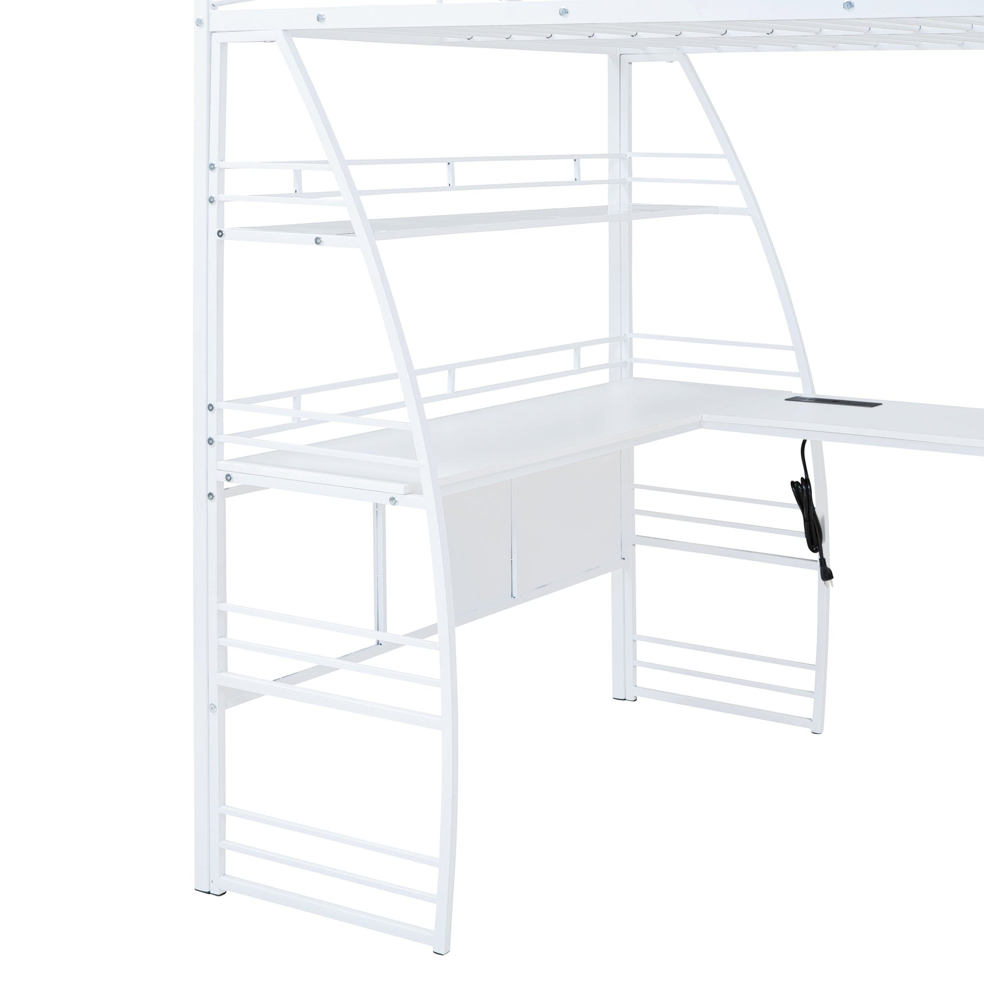 Full Size Loft Bed with 4 Layers of Shelves and L-shaped Desk, Stylish Metal Frame Bed with a set of Sockets, USB Ports and and Wireless Charging, White