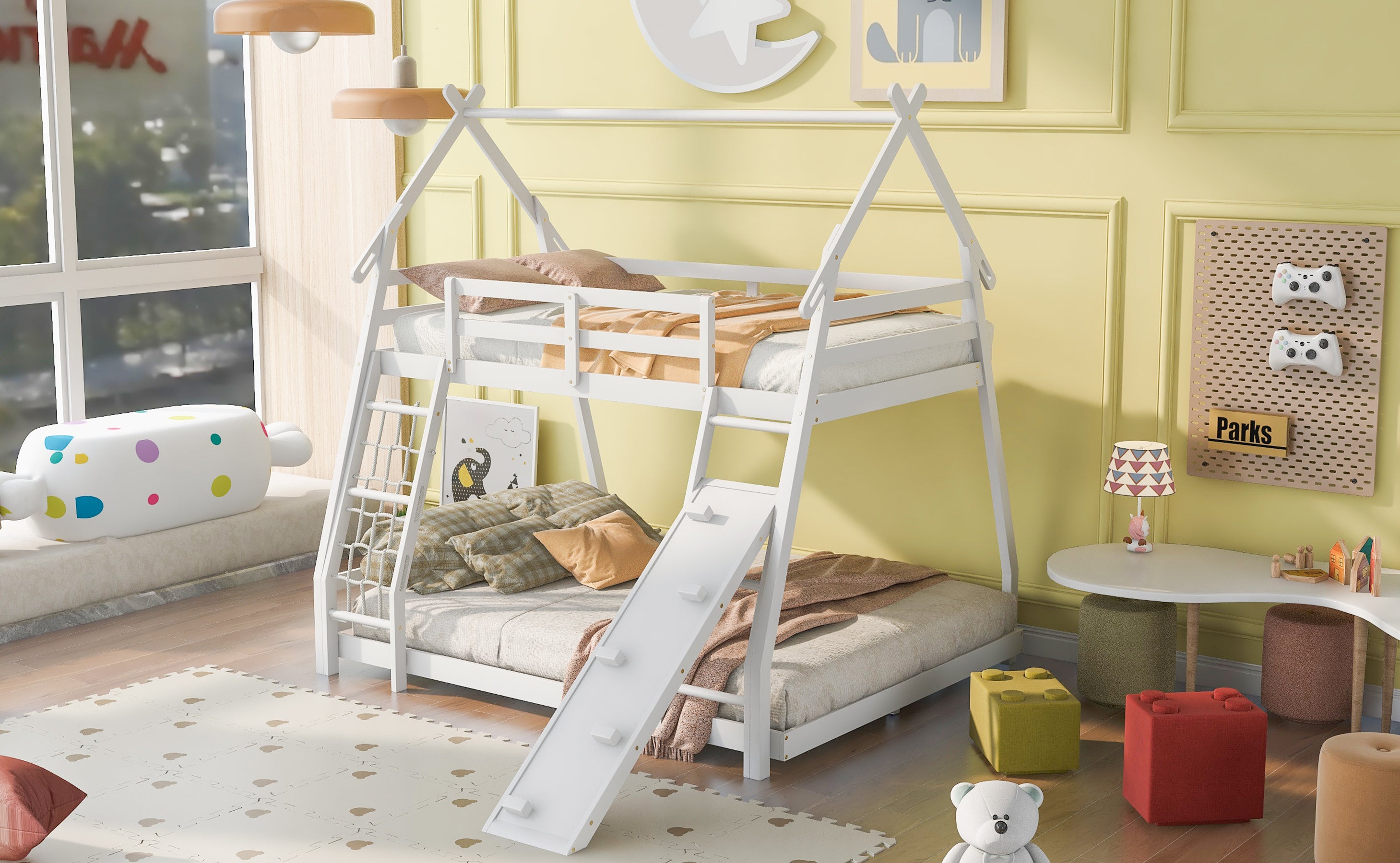 Twin over Queen House Bunk Bed with Climbing Nets and Climbing Ramp, White