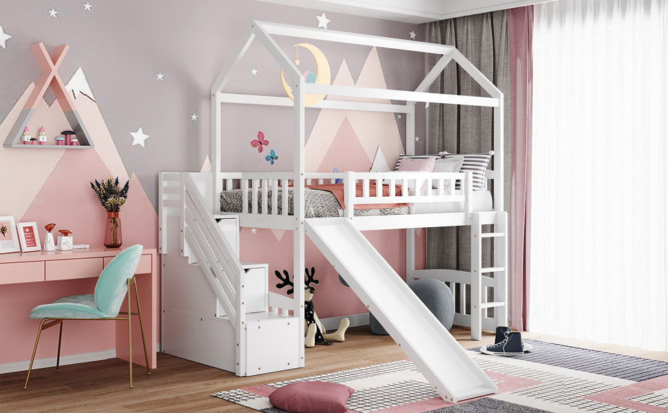 Twin Loft Bed with Two Drawers and Slide, House Bed with Slide, White (Old SKU: LP000130AAK)