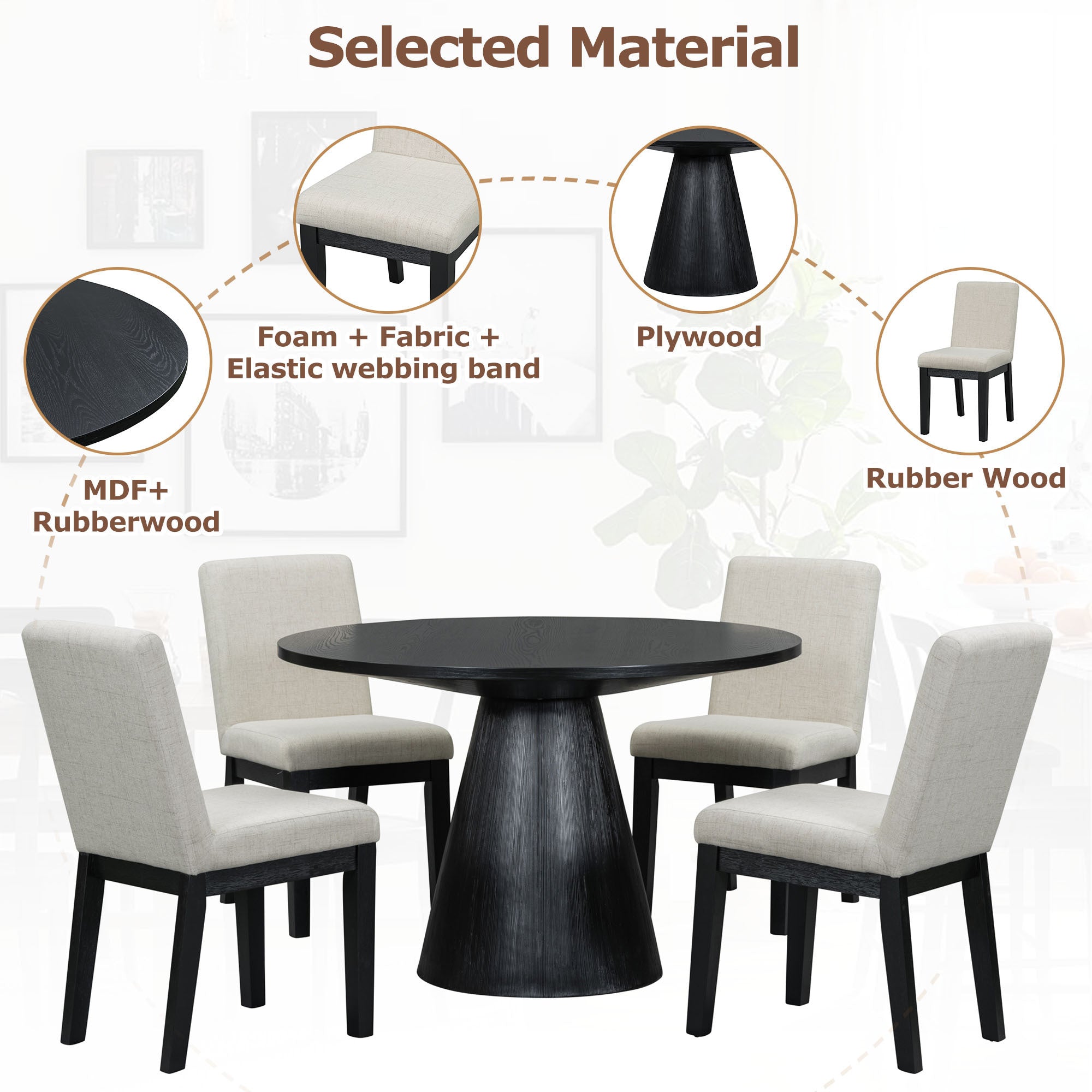 TREXM 5-piece Dining Set Retro Round Table with 4 Upholstered Chairs for Living Room, Dining Room (Black)