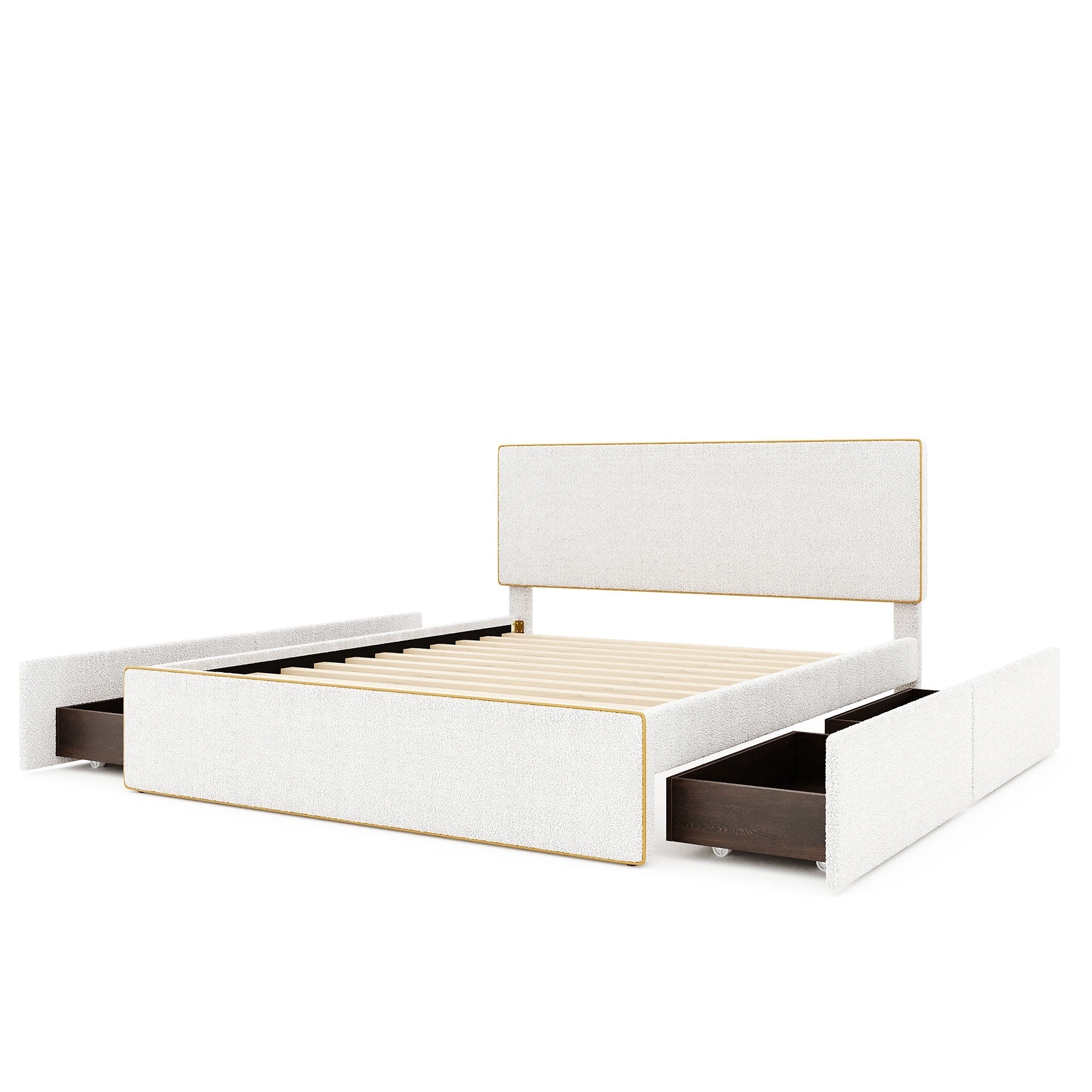 Queen Size Upholstered Platform Bed with 4 Drawers and Golden Edge on the Headboard & Footboard, White