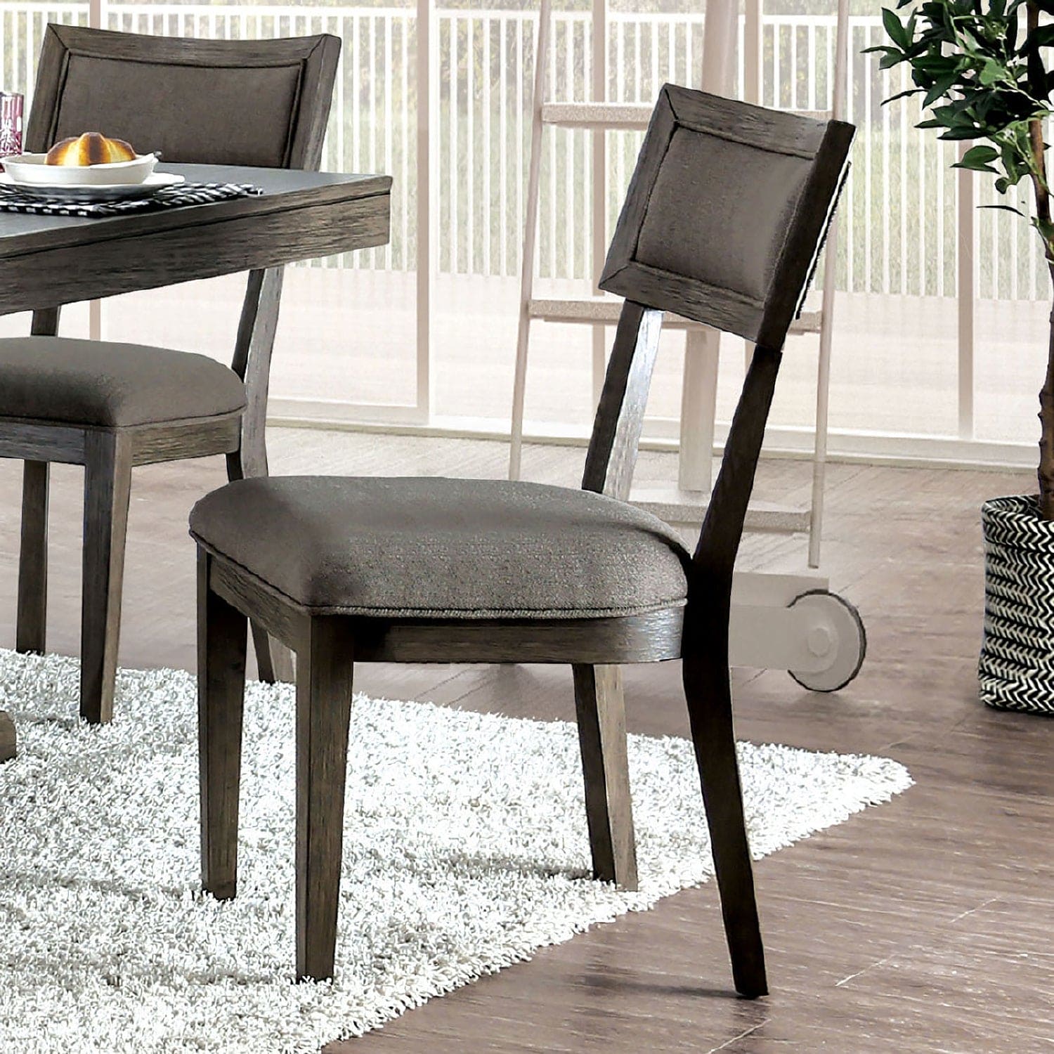 Rustic Grey Solid wood 2pc Dining Chairs Fabric Upholstered Seat Back Curved Dining Room Furniture