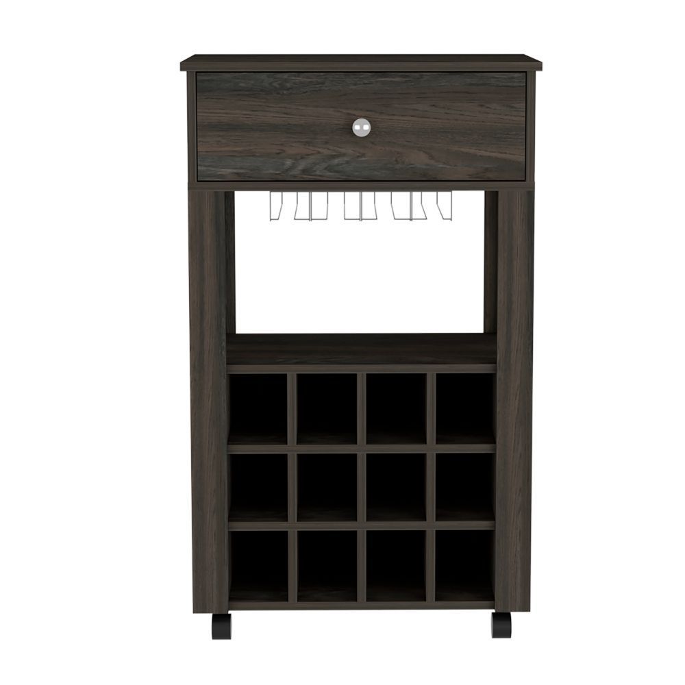 Bar Cart Bayamon, Twelve Wine Cubbies, Four Legs, Carbon Espresso Finish