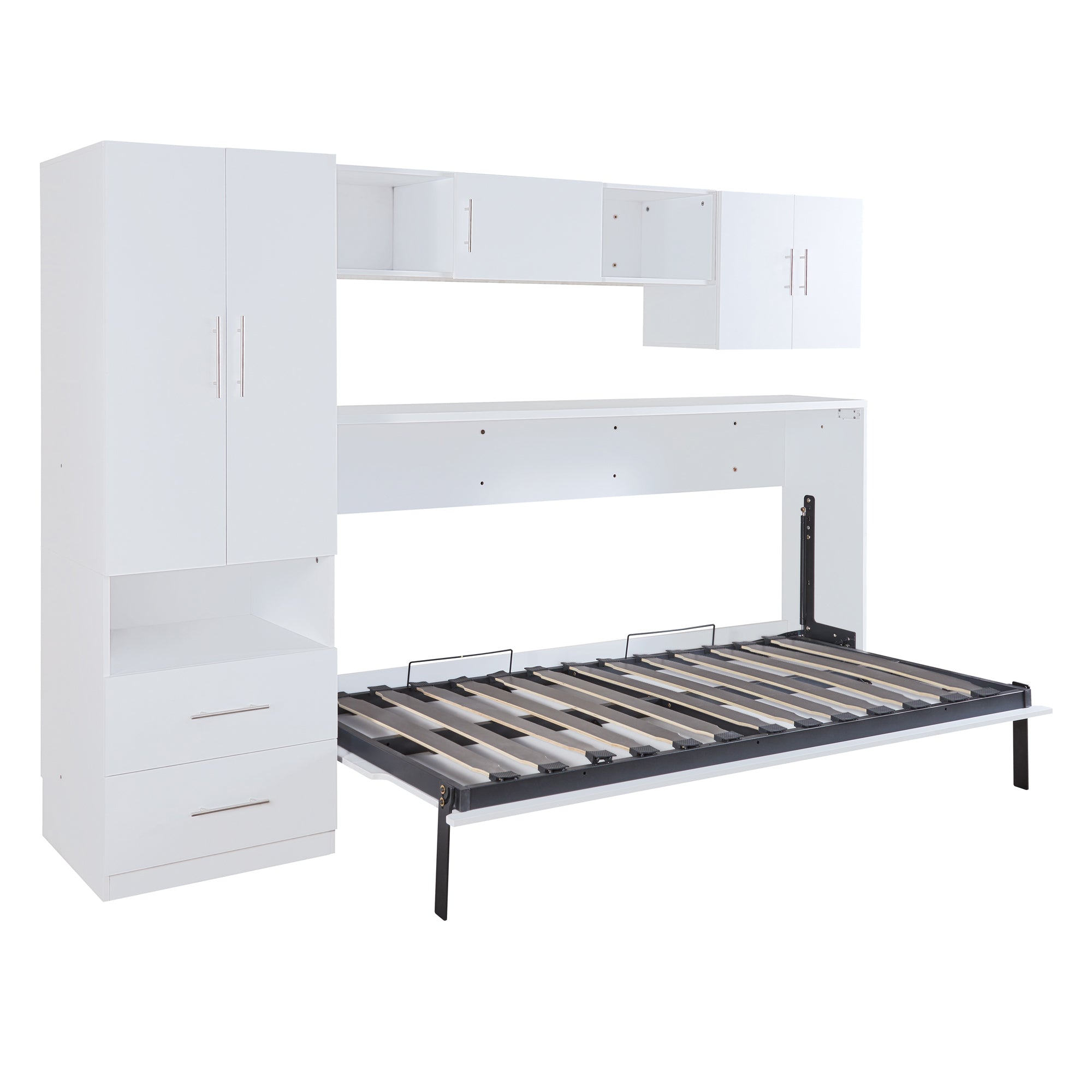 Twin Size Murphy Bed with Open Shelves and Storage Drawers,Built-in Wardrobe and Table, White