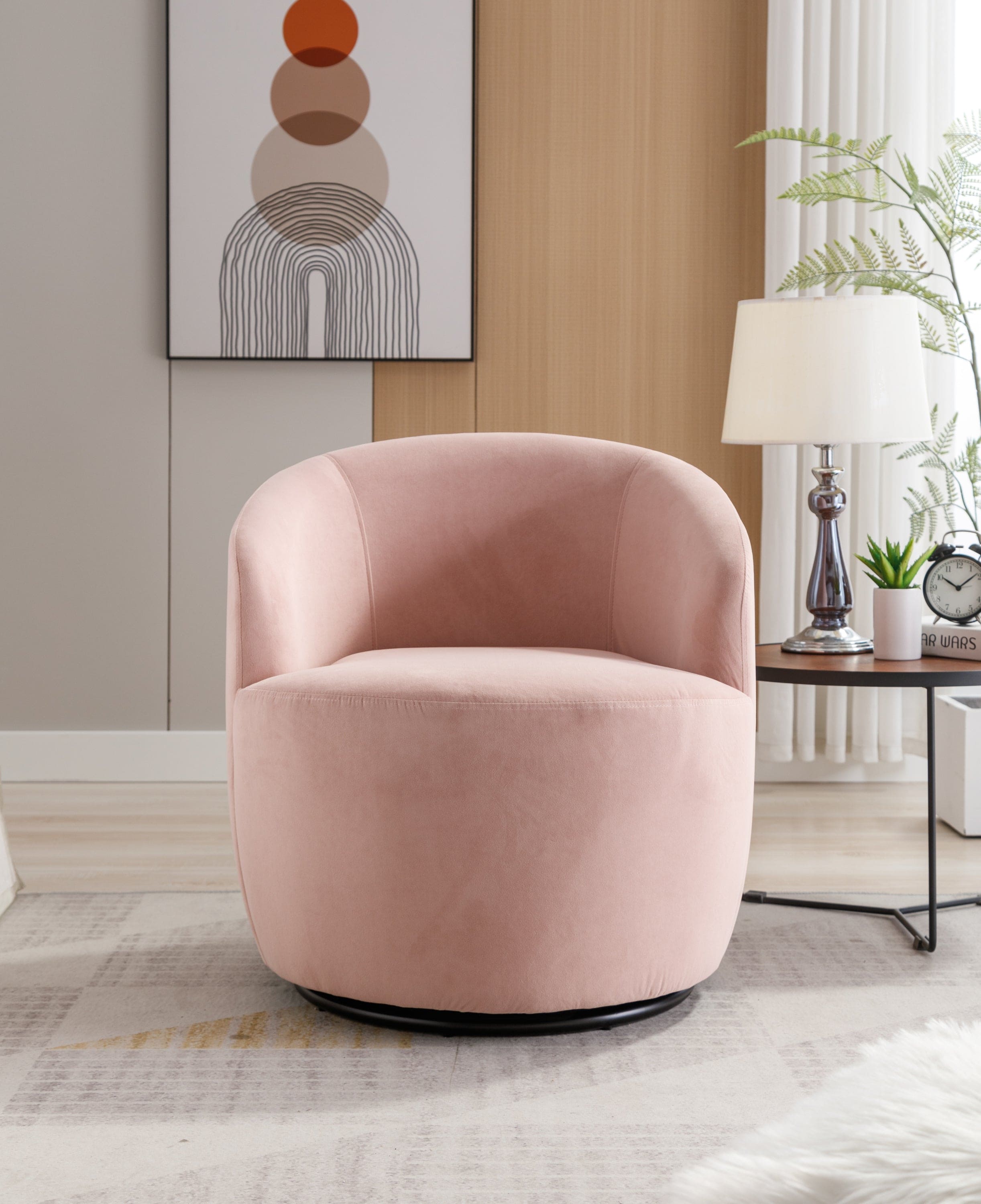 Velvet Fabric Swivel Accent Armchair Barrel Chair With Black Powder Coating Metal Ring,Pink