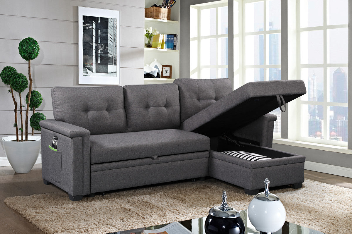 Ashlyn Dark Gray Reversible Sleeper Sectional Sofa with Storage Chaise, USB Charging Ports and Pocket