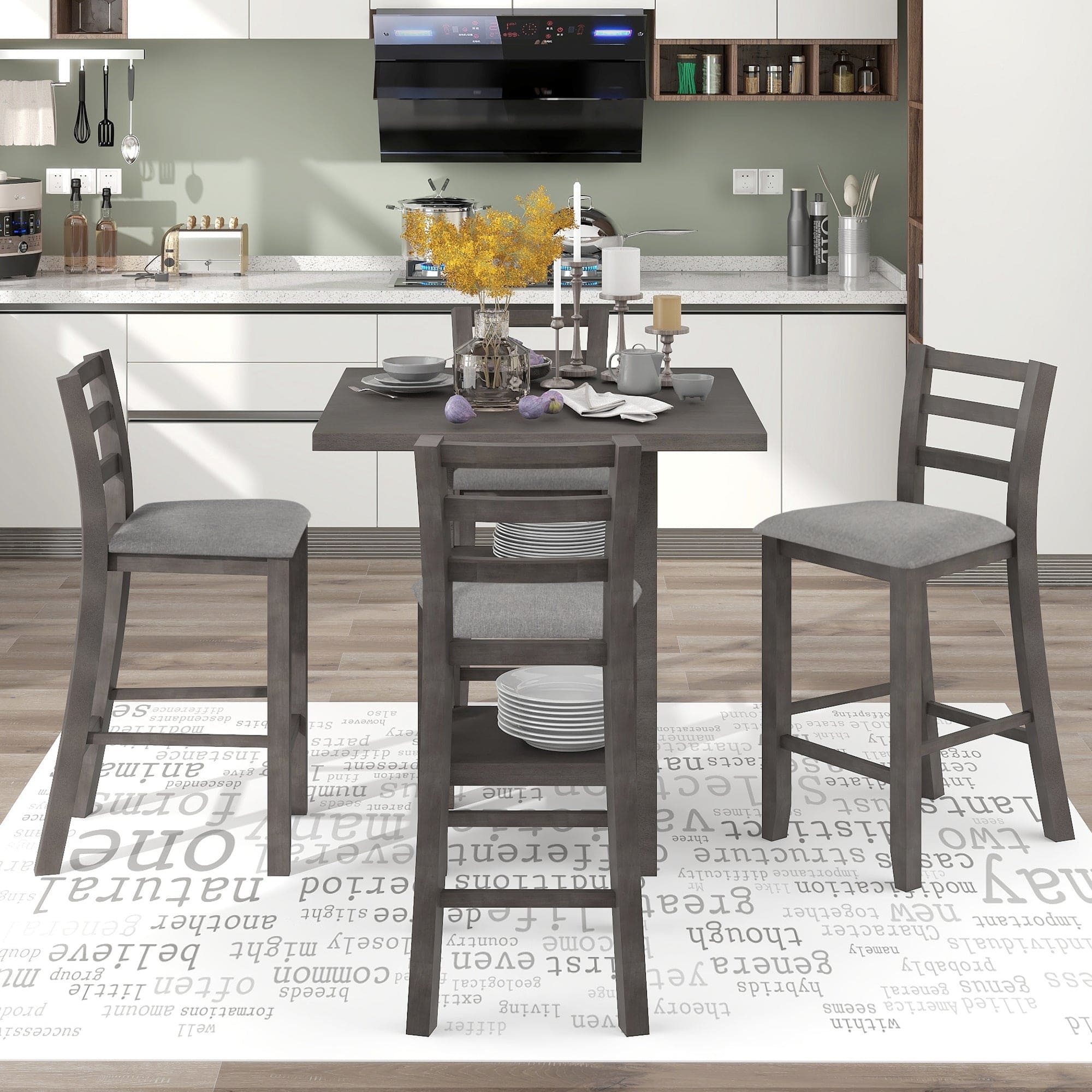 TREXM 5-Piece Wooden Counter Height Dining Set with Padded Chairs and Storage Shelving (Gray)