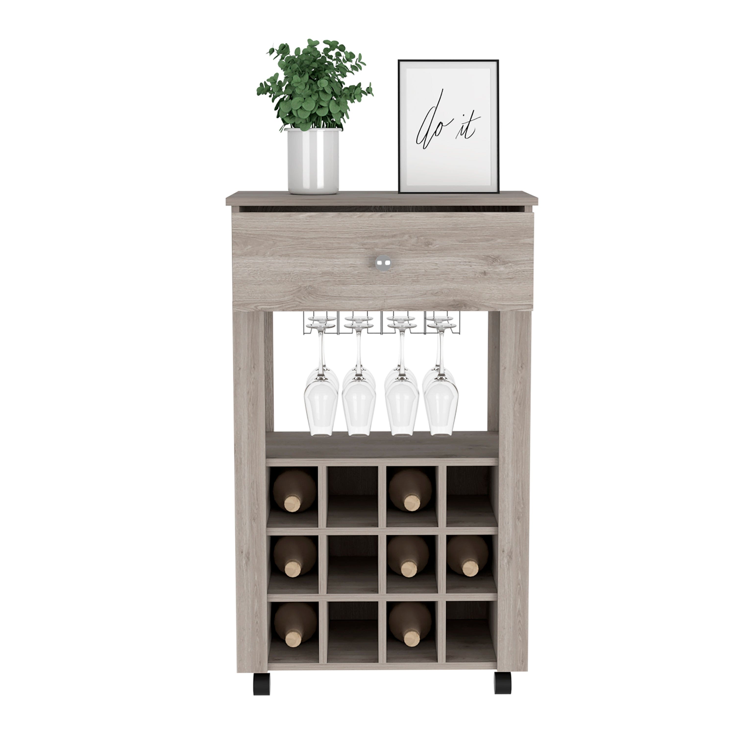 Bar Cart Bayamon, Twelve Wine Cubbies, Four Legs, Light Gray Finish