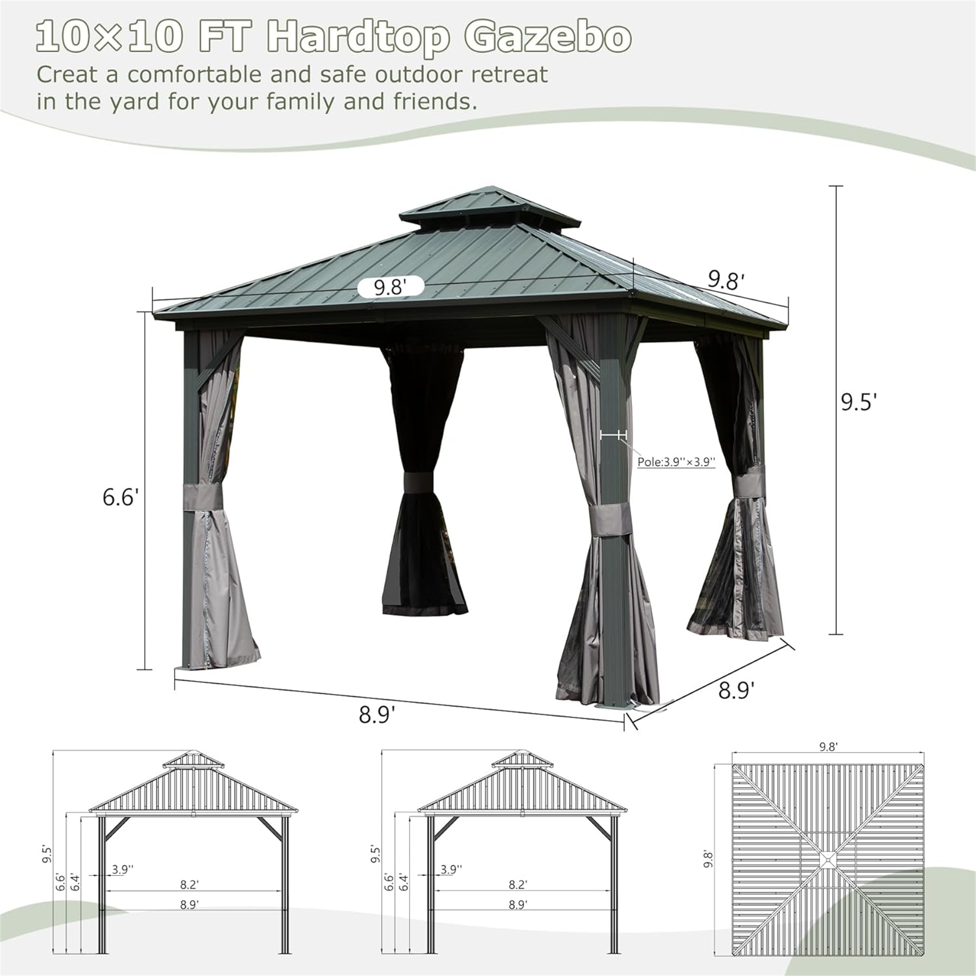 10' X 10' Hardtop Gazebo, Aluminum Metal Gazebo with Galvanized Steel Double Roof Canopy, Curtain and Netting, Permanent Gazebo Pavilion for Patio, Backyard, Deck, Lawn