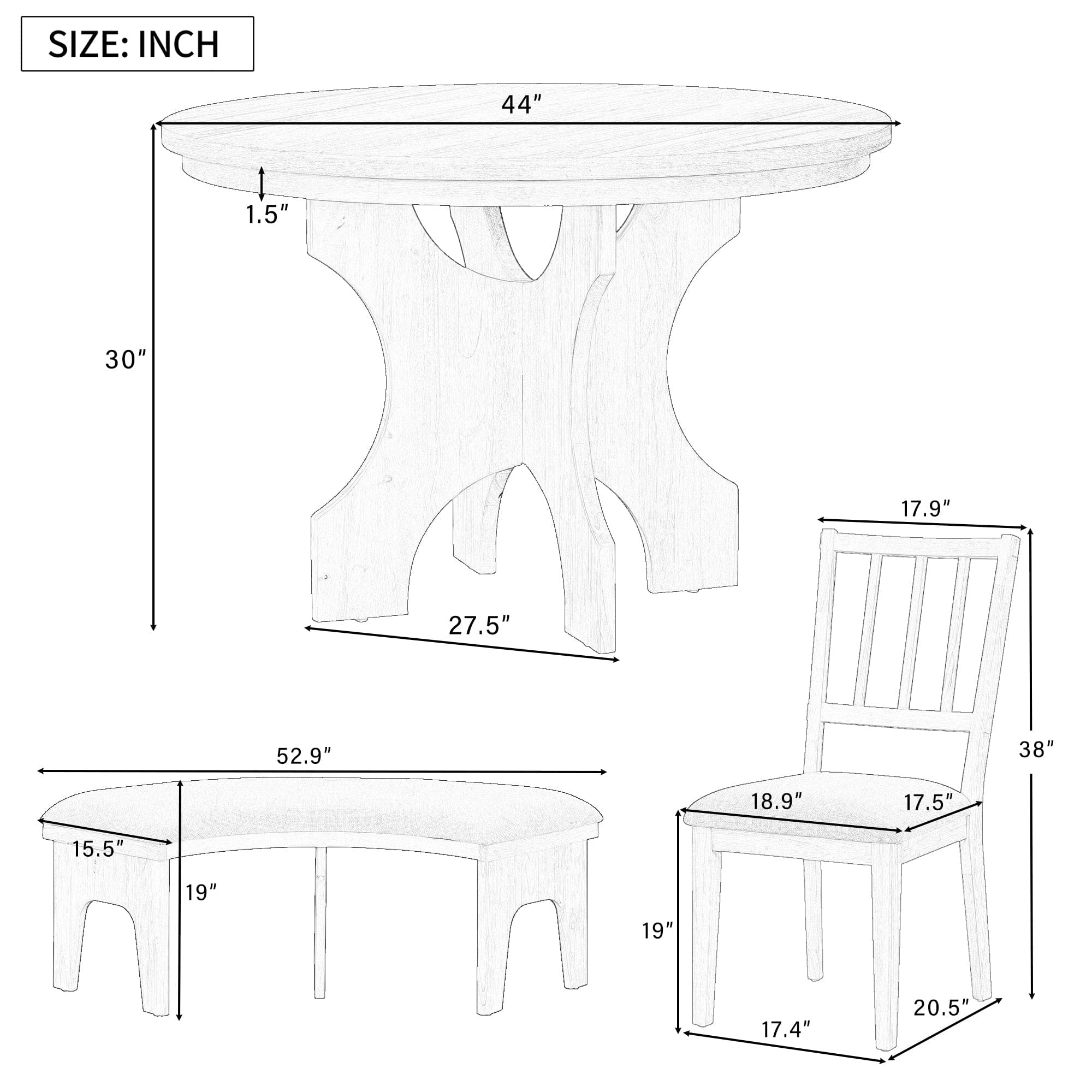 TREXM 5-Piece Dining Table Set, 44" Round Dining Table with Curved Bench & Side Chairs for 4-5 People for Dining Room and Kitchen (Grey)