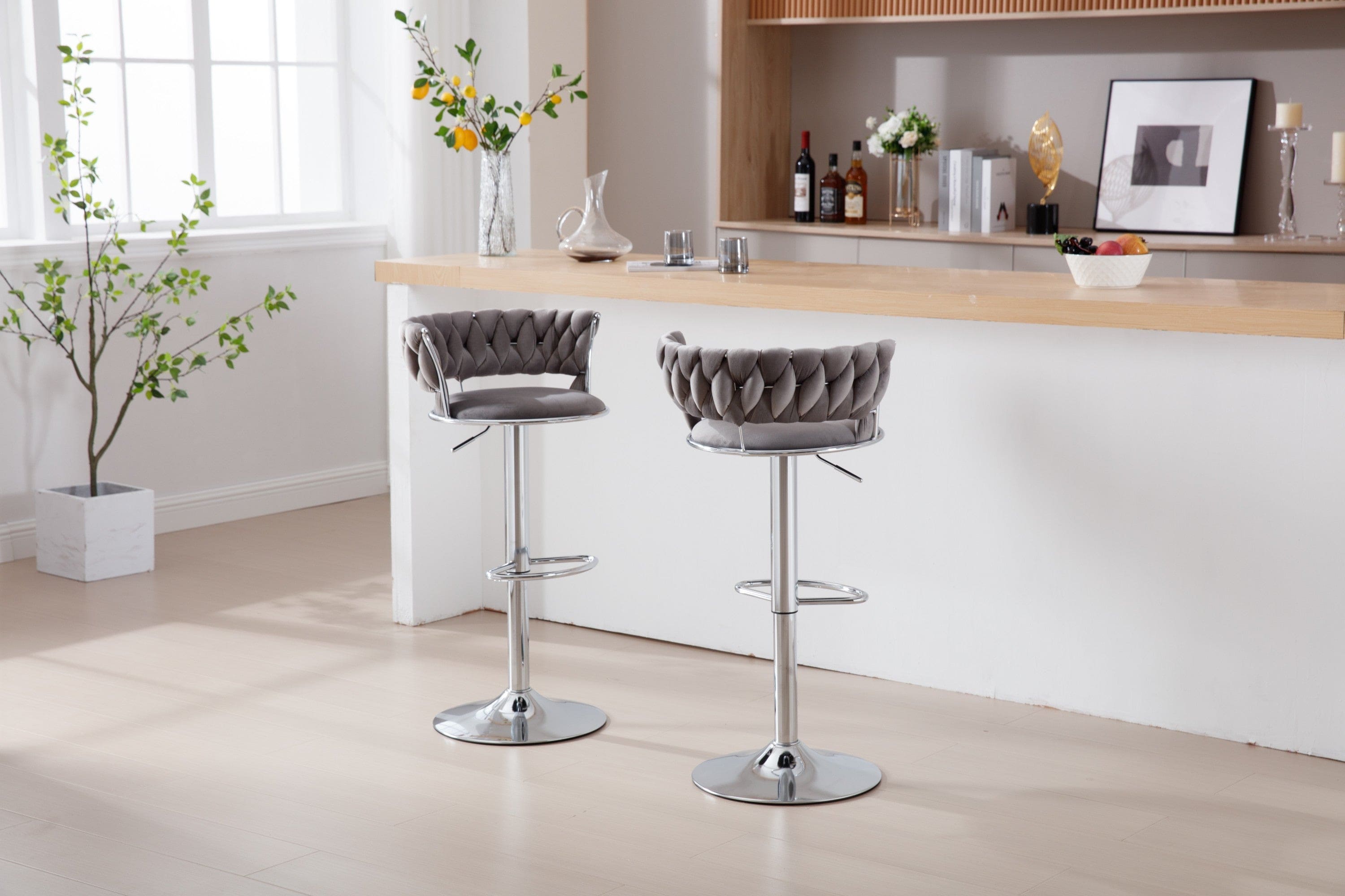 Set of 2  Bar Stools,with Chrome Footrest and Base Swivel Height Adjustable Mechanical Lifting Velvet +  Bar Stool-GREY