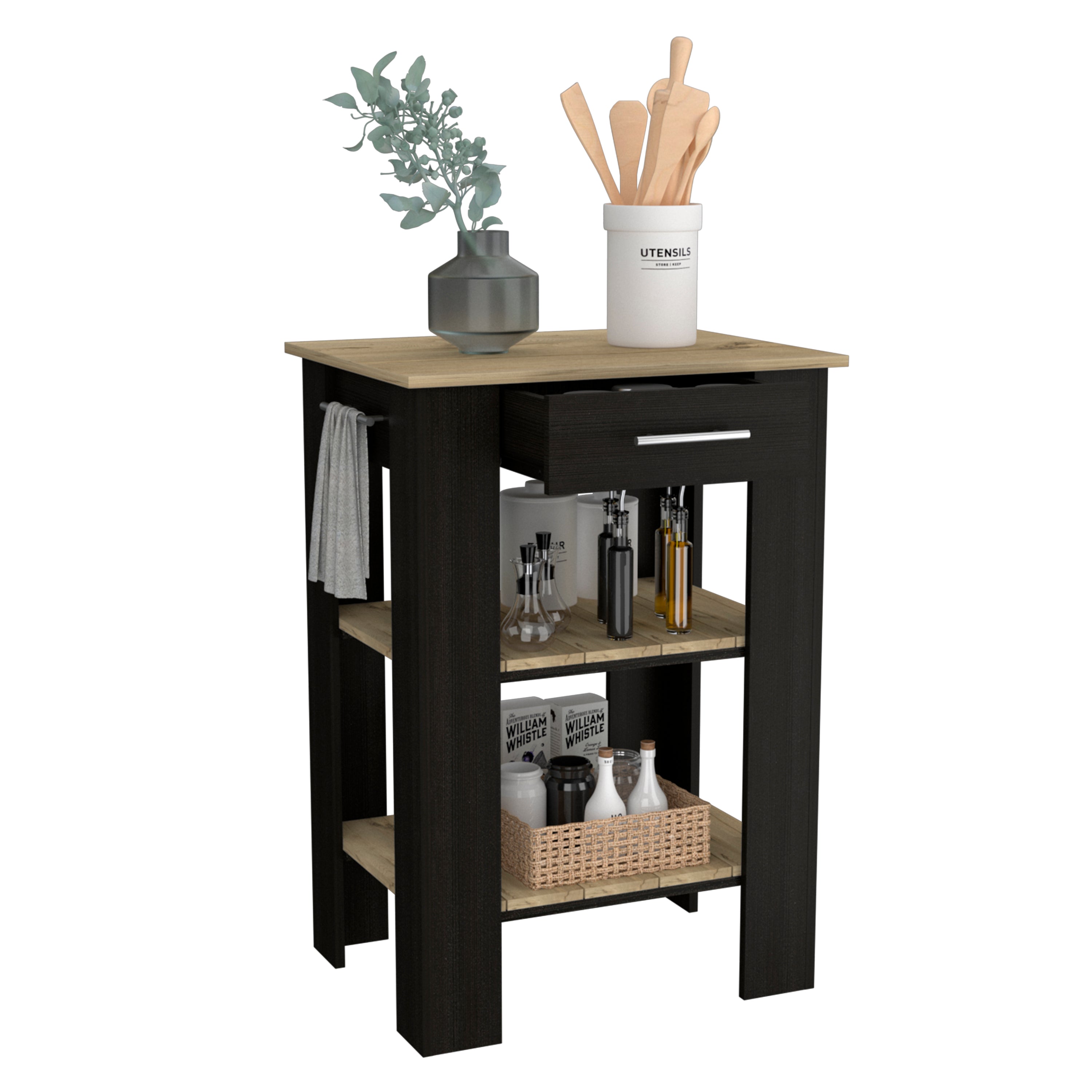 Rockaway 1-Drawer 2-Shelf Kitchen Island Black Wengue and Light Oak