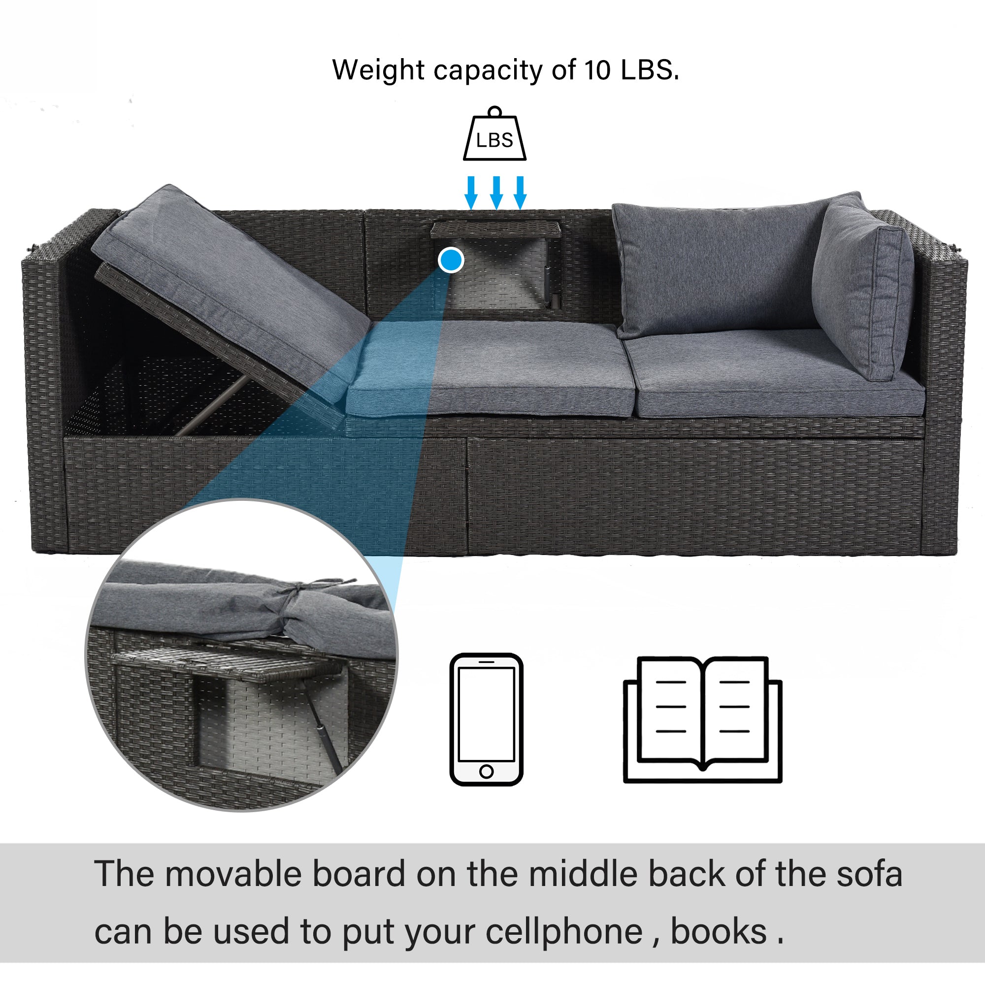 U_Style Outdoor Patio Rectangle Daybed with Retractable Canopy,  Wicker Furniture Sectional Seating with Washable Cushions, Backyard, Porch(As same as WY000263AAE)