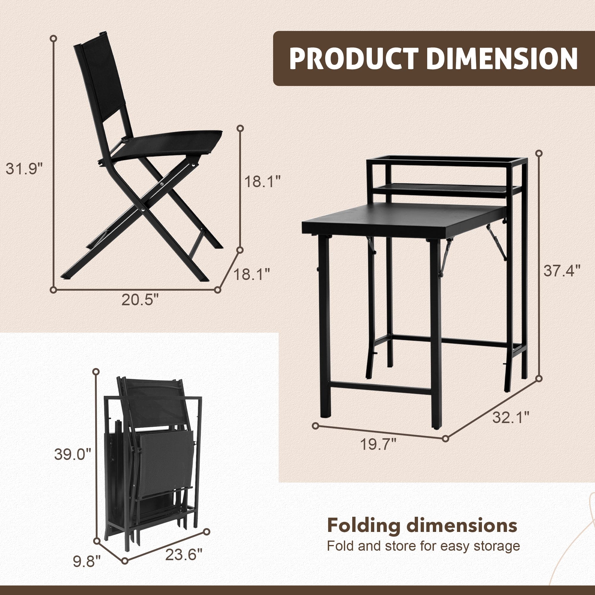 3PCS Patio Bistro Set, Patio Set of Foldable Patio Table and Chairs,Outdoor Patio Furniture Sets,Black