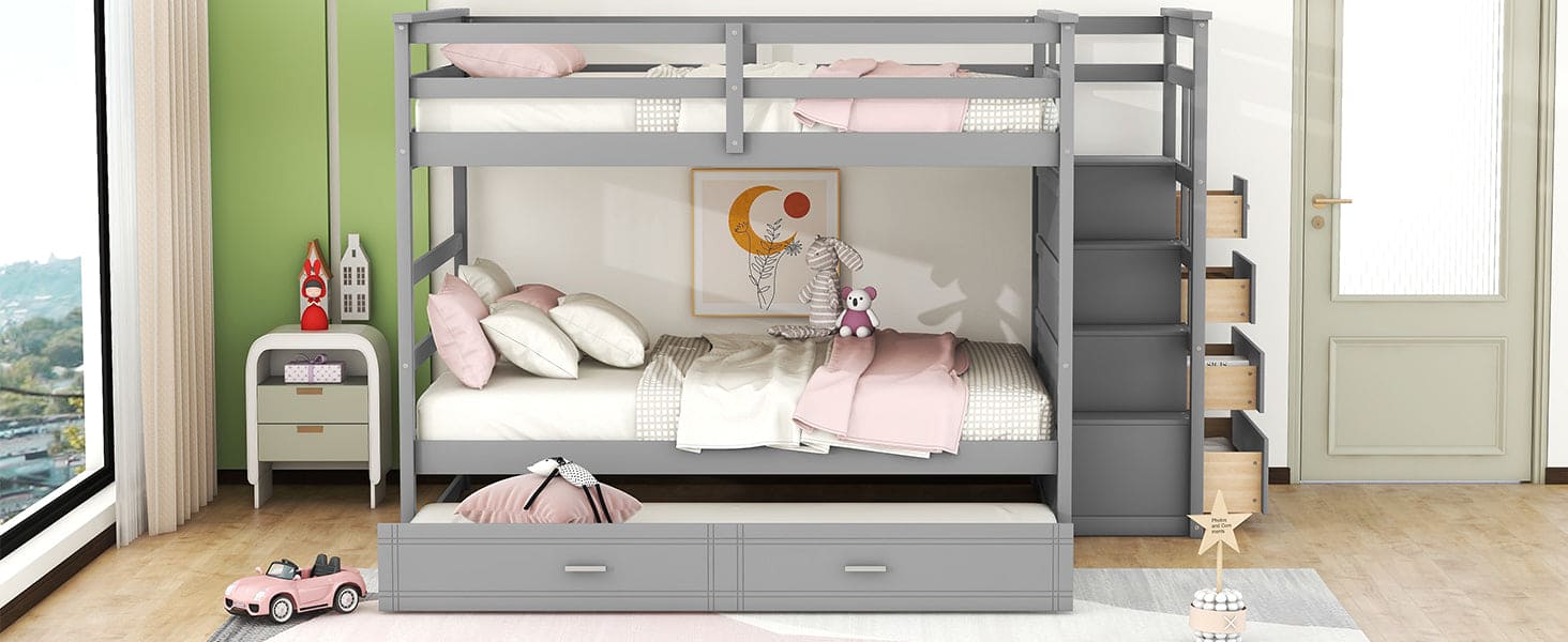 Full Over Full Bunk Bed with Twin Size Trundle and Staircase, Gray