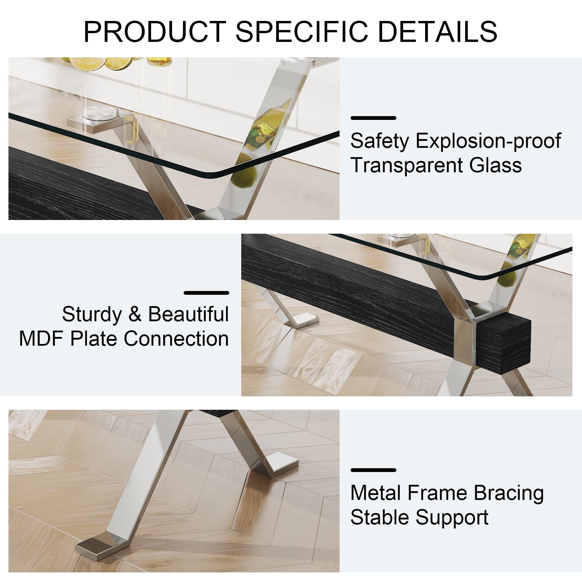 Dining table. Modern tempered glass dining table. Large modern office desk with silver plated metal legs and MDF crossbars, suitable for both home and office use. Kitchen. 79 ''x39''x30 '' 1105