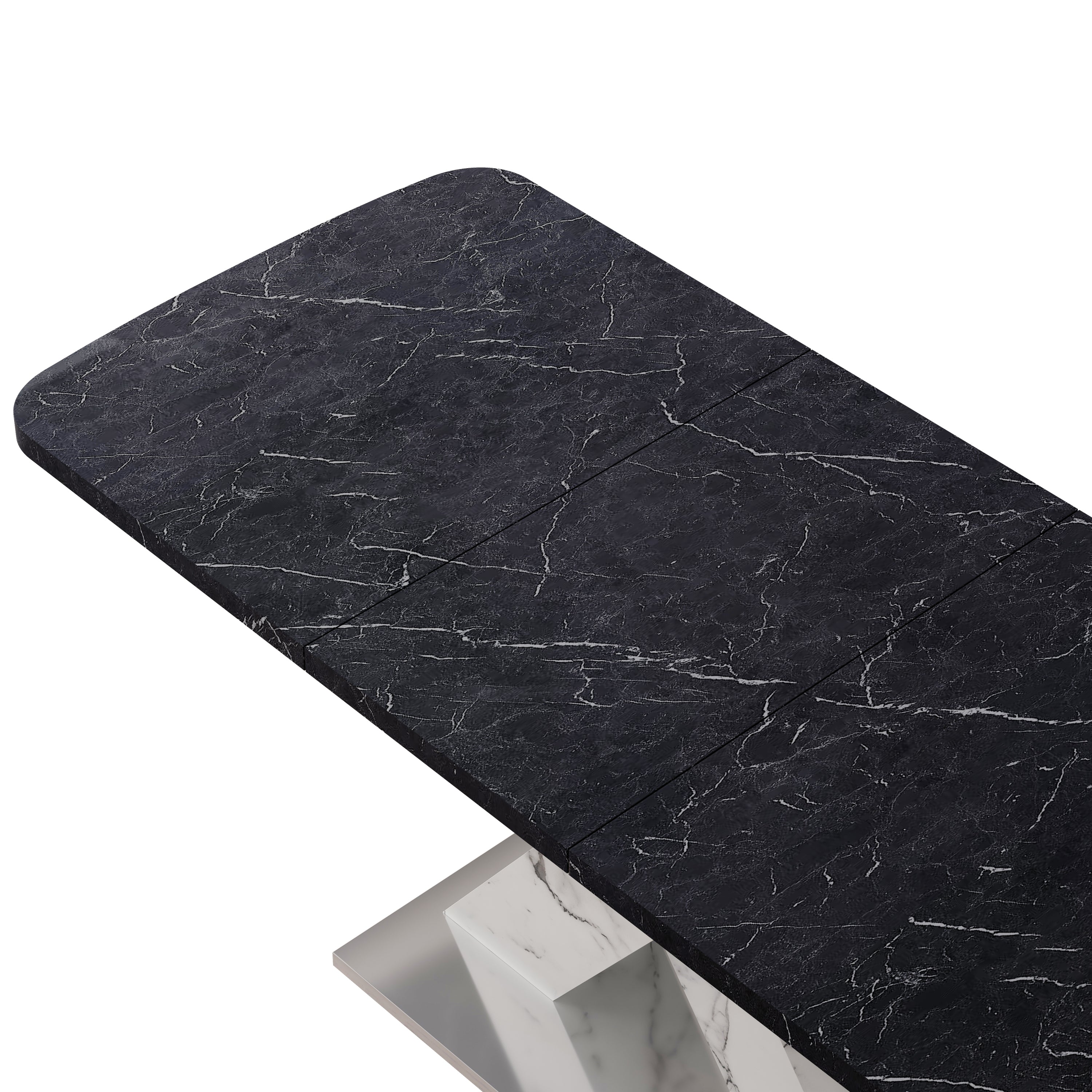 Modern Square Dining Table,Stretchable,Printed Black Marble Table Top+MDF White X-Shape Table Leg with Metal Base