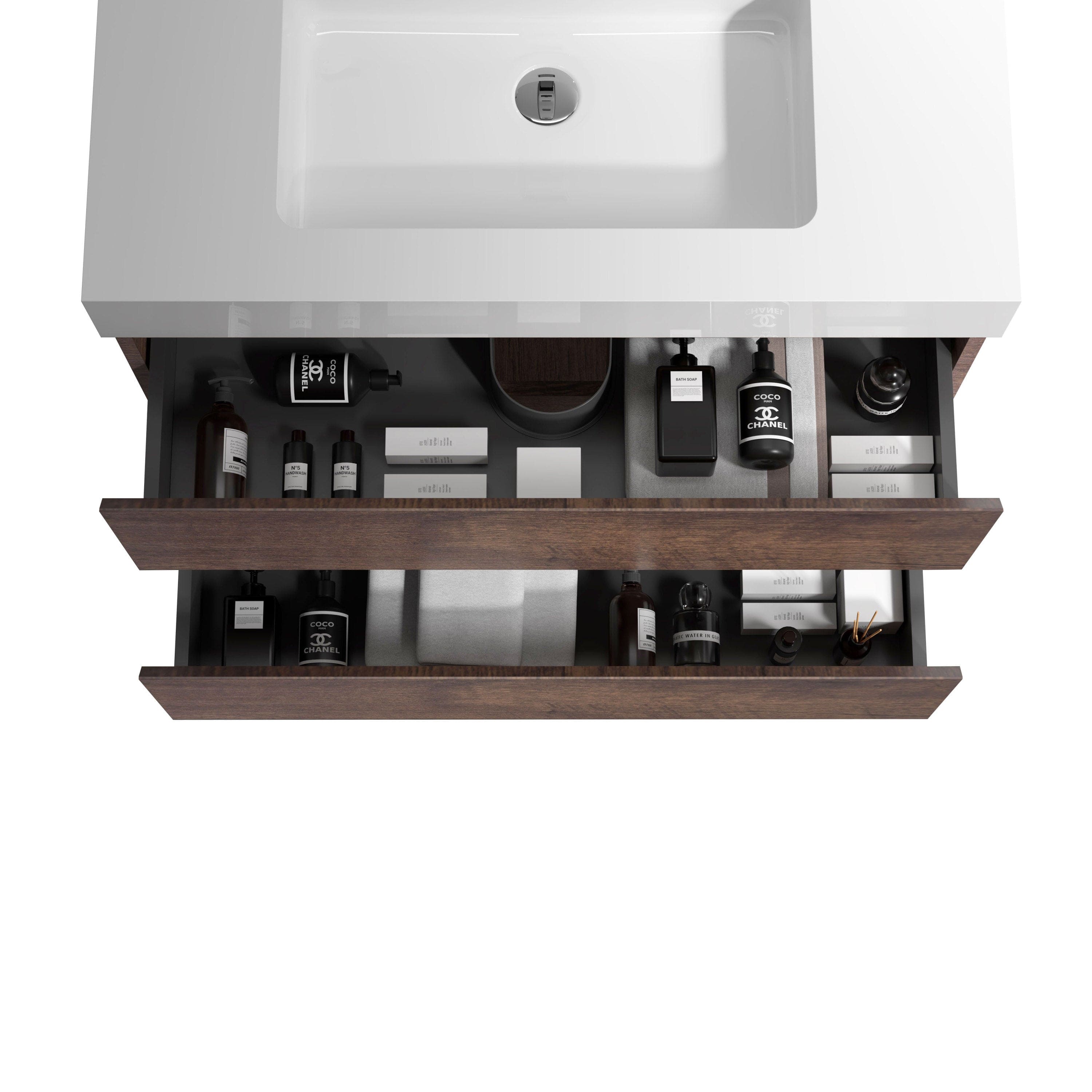 Alice 30" Walnut Bathroom Vanity with Sink, Large Storage Wall Mounted Floating Bathroom Vanity for Modern Bathroom, One-Piece White Sink Basin without Drain and Faucet