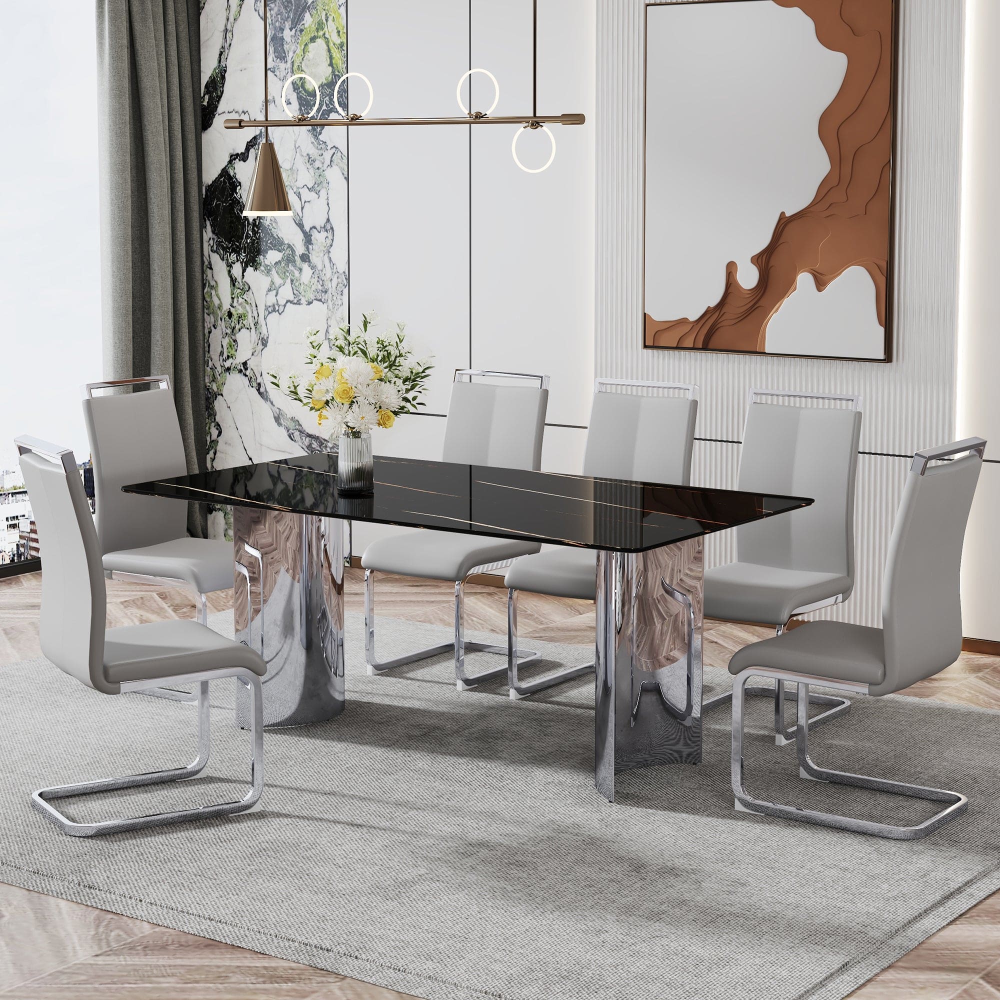 Modern minimalist dining table. The black imitation marble glass desktop is equipped with silver metal legs. Suitable for restaurants and living rooms 71 "* 39.3" * 29.5 "DT-69