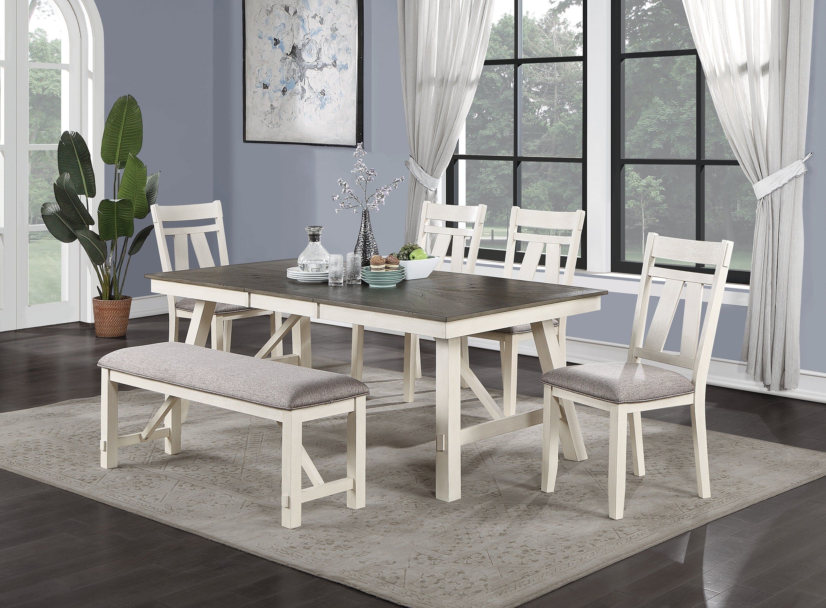 Dining Room Furniture Dining Table White Finish Table w Grey Wooden Top 1pc Rectangular Table with Leaf