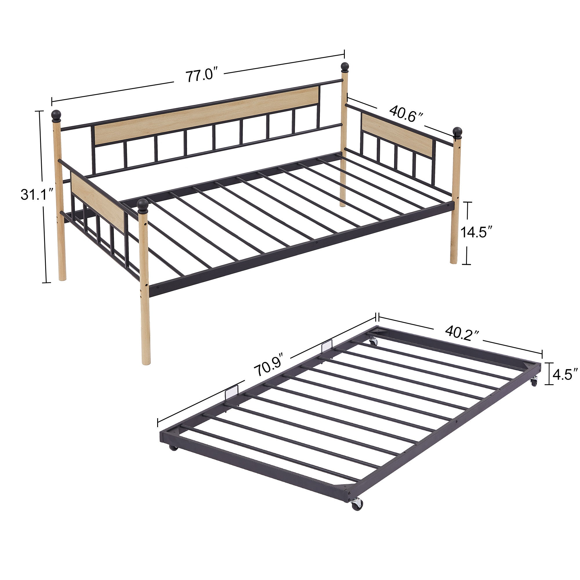 Daybed, sofa bed metal framed with trundle twin size, black, 77''L x 40.6'' W x 14.5'' H