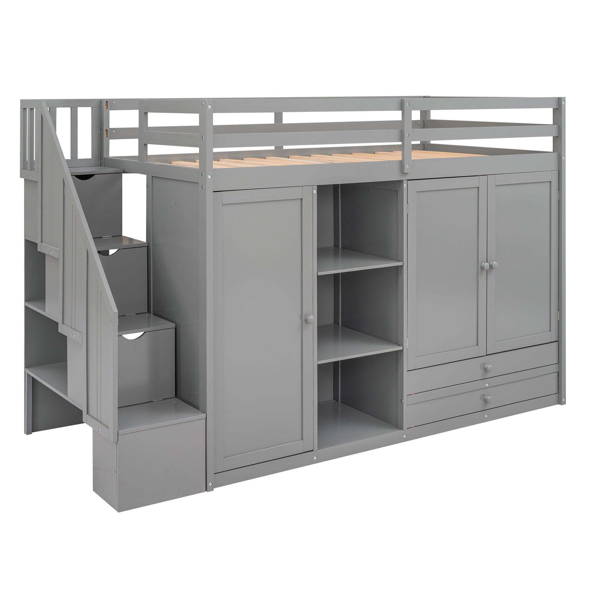 Functional Loft Bed with 3 Shelves, 2 Wardrobes and 2 Drawers,  Ladder with Storage, No Box Spring Needed, Gray