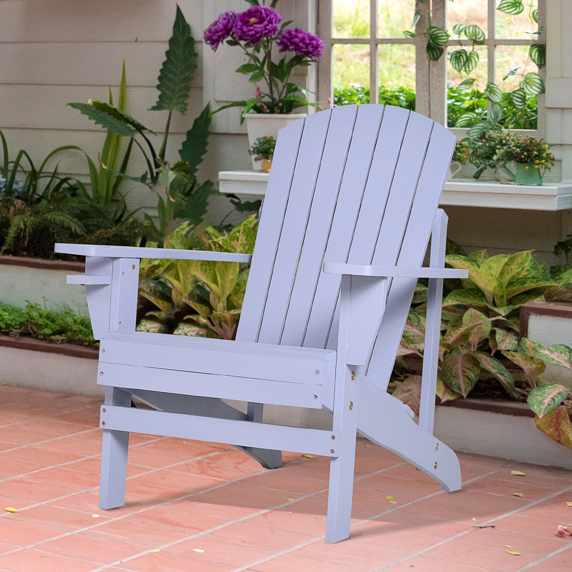 Outsunny Wooden Adirondack Chair, Outdoor Patio Lawn Chair with Cup Holder, Weather Resistant Lawn Furniture, Classic Lounge for Deck, Garden, Backyard, Fire Pit, Gray