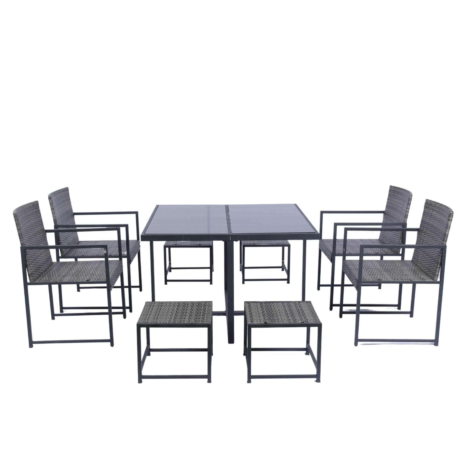 9 Pieces Patio Dining Sets Outdoor Space Saving Rattan Chairs with Glass Table Top Grey Wicker + Dark Grey Cushion