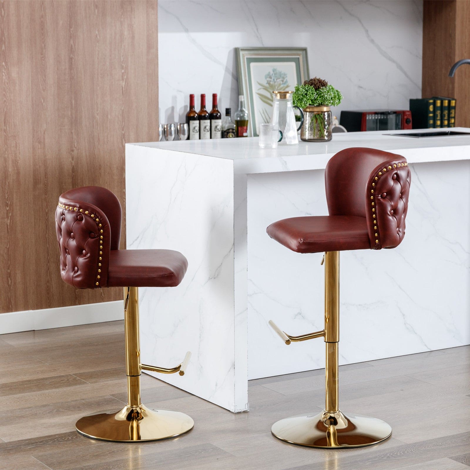 A&A Furniture,Swivel Barstools Adjusatble Seat Height, Modern PU Upholstered Bar Stools with  the whole Back Tufted, for Home Pub and Kitchen Island（Wine Red, Burgundy, Set of 2）