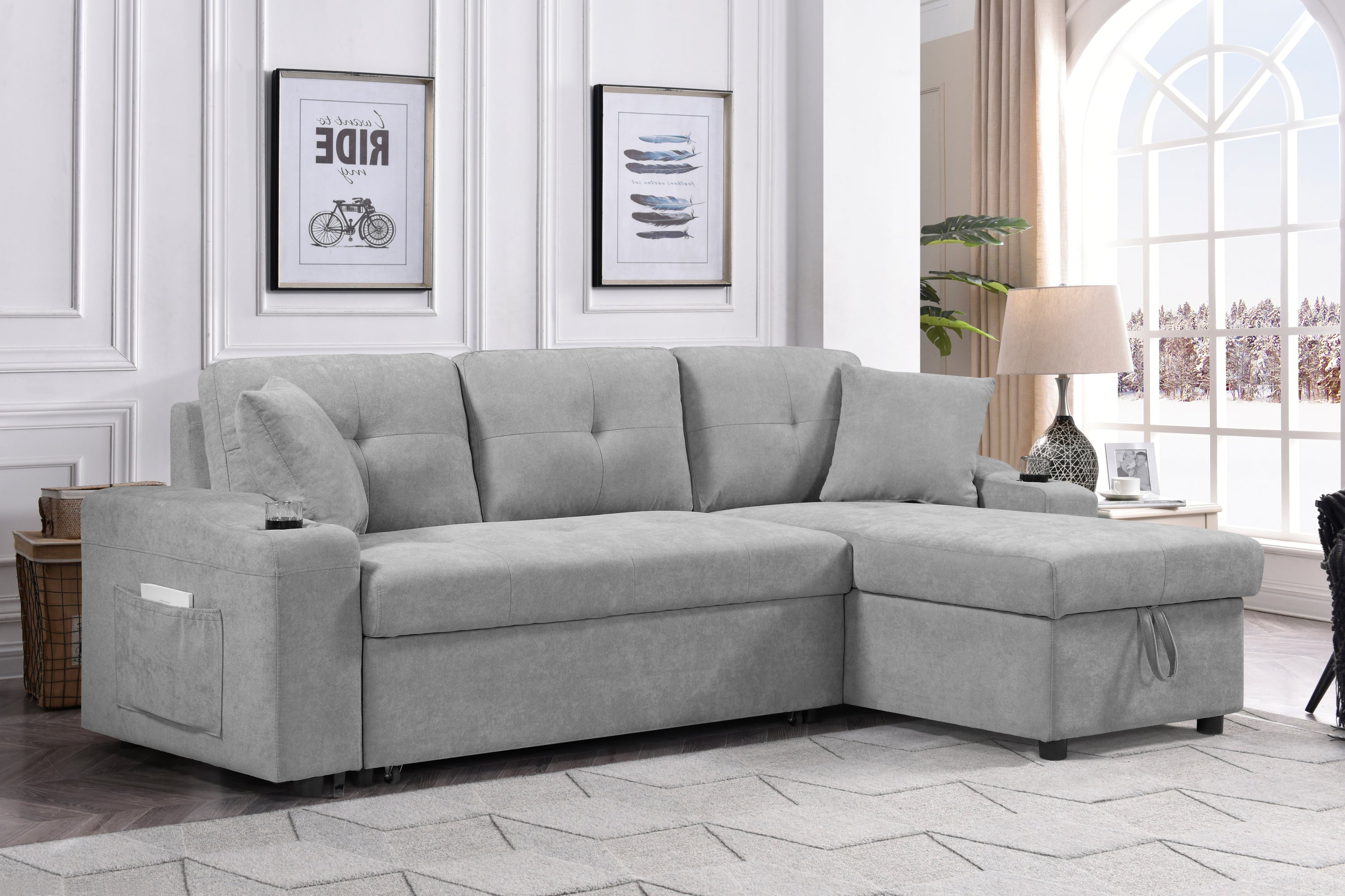 MEGA convertible corner sofa with armrest storage, living room and apartment sectional sofa, right chaise longue and grey