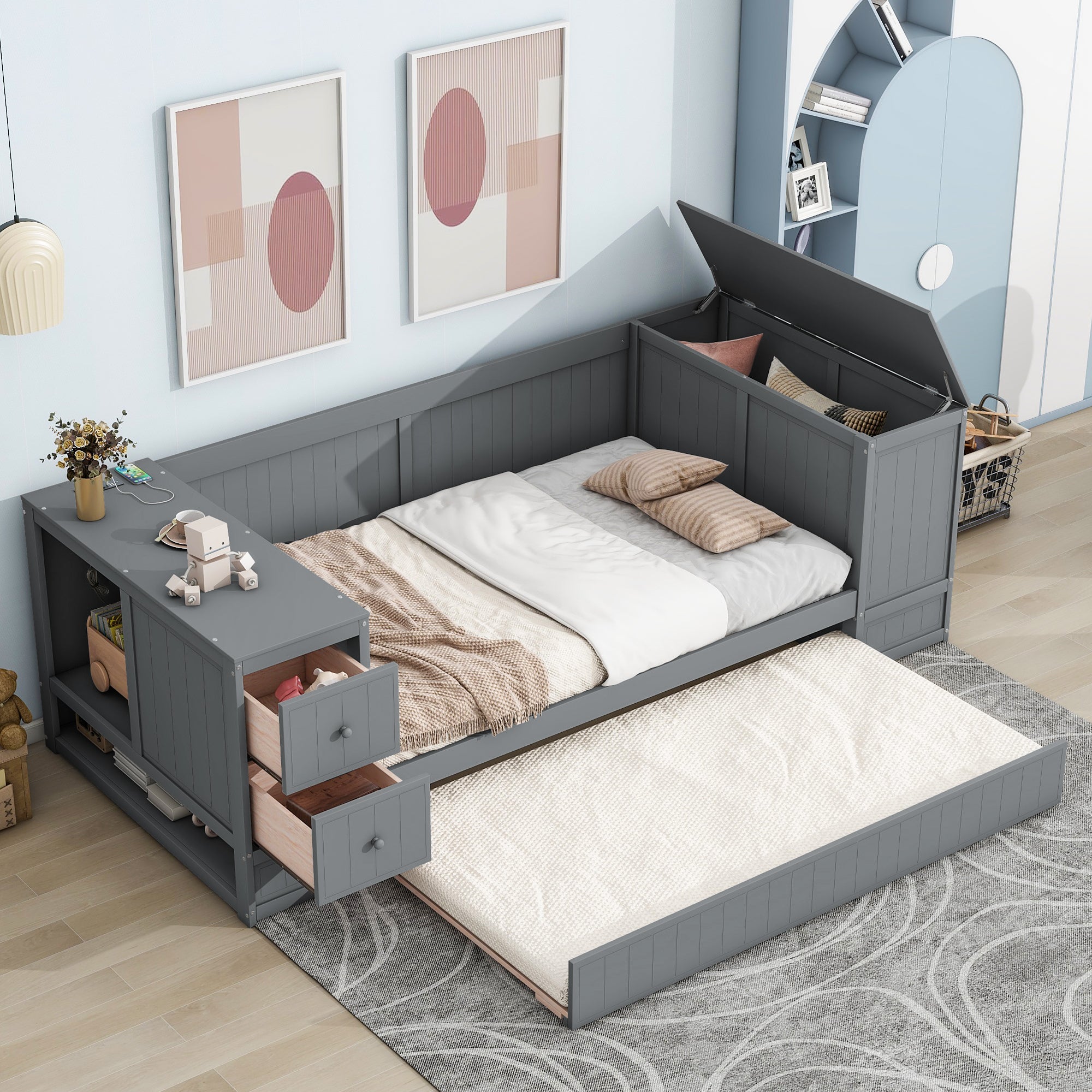 Twin Size Daybed with Storage Arms, Trundle and Charging Station, Gray