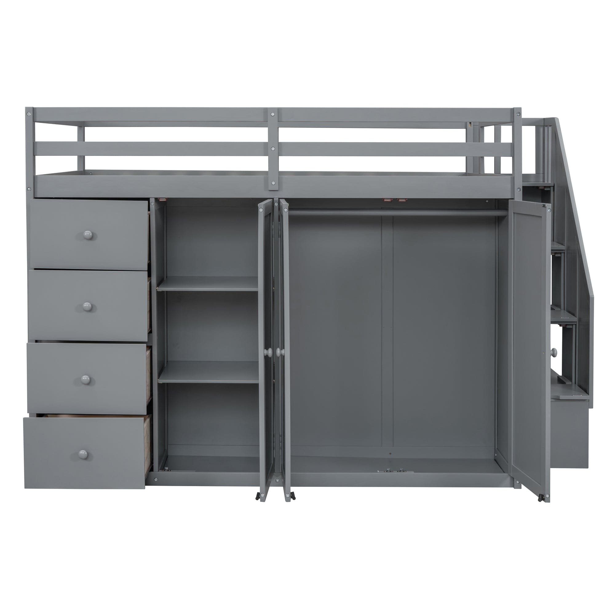 Full Size Wood Loft Bed With Built-in Wardrobes, Cabinets and Drawers, Gray