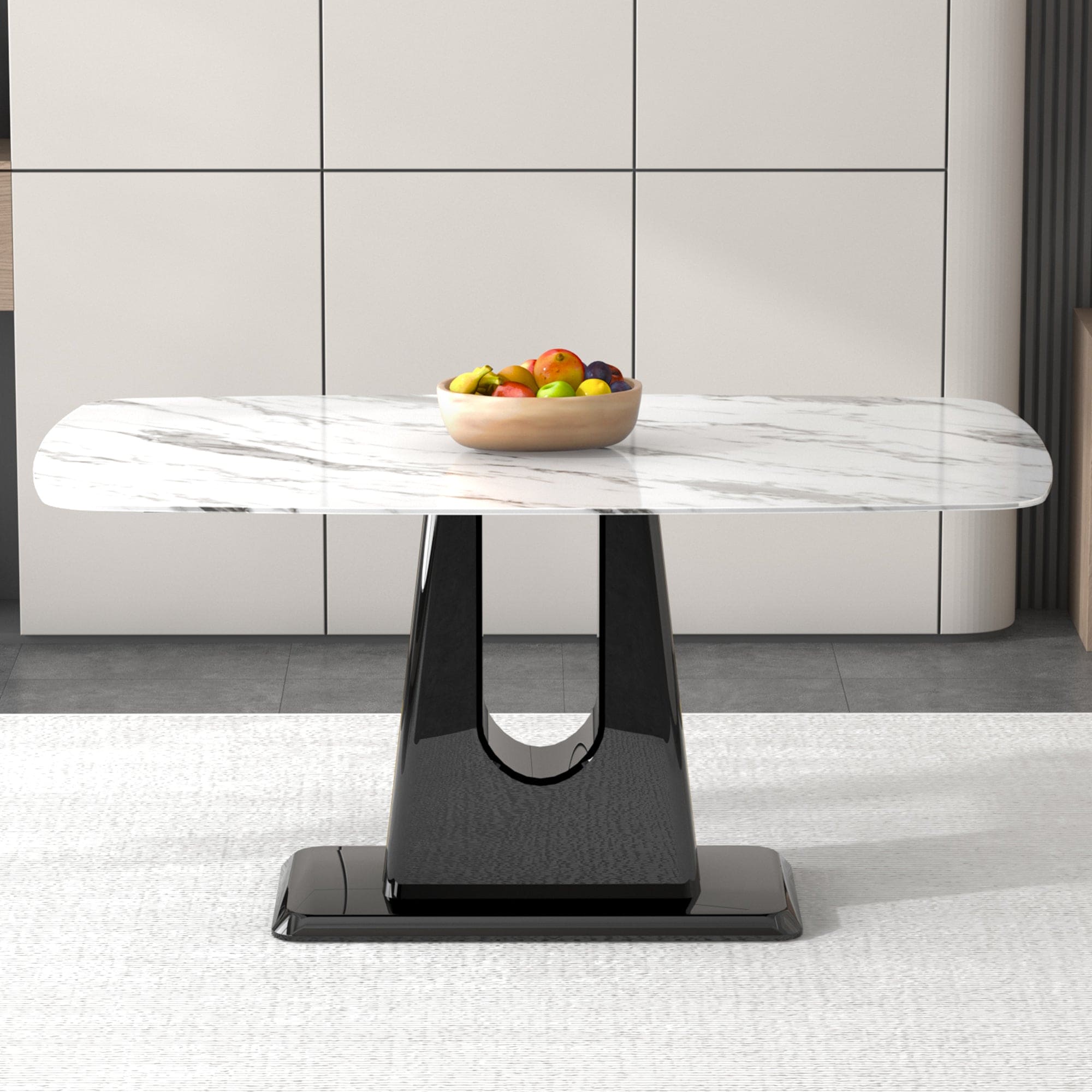 A modern, minimalist, and luxurious dining table with a white imitation marble tabletop and MDF legs with U-shaped brackets. Tables in restaurants and living rooms 63"*35.4"*30  F-U