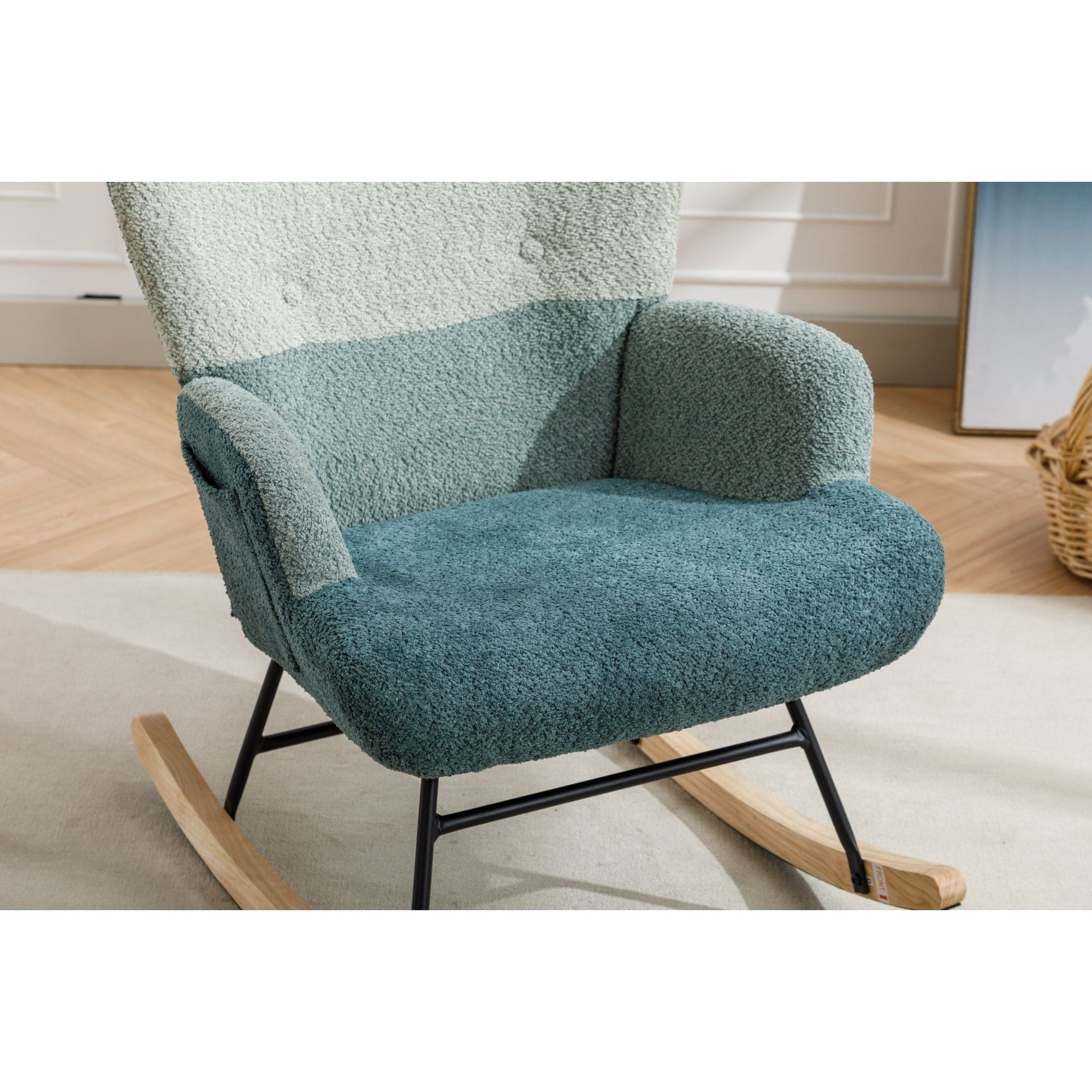 Modern Patchwork Accent Chair with Solid Wood Armrest and Feet, Mid-Century Modern Accent Sofa, Fabric Sofa Chair for Living Room Bedroom Studio, Comfy Side Armchair for Bed, (Green+Dark Green)