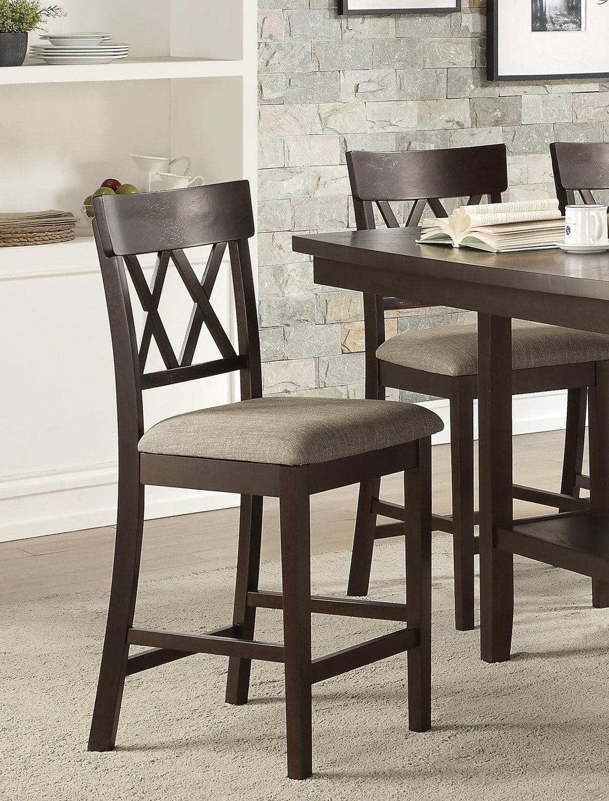 Dark Brown Finish Counter Height Chairs 2pc Set Double X-Back Design Lenin-like Fabric Padded Seat Dining Furniture