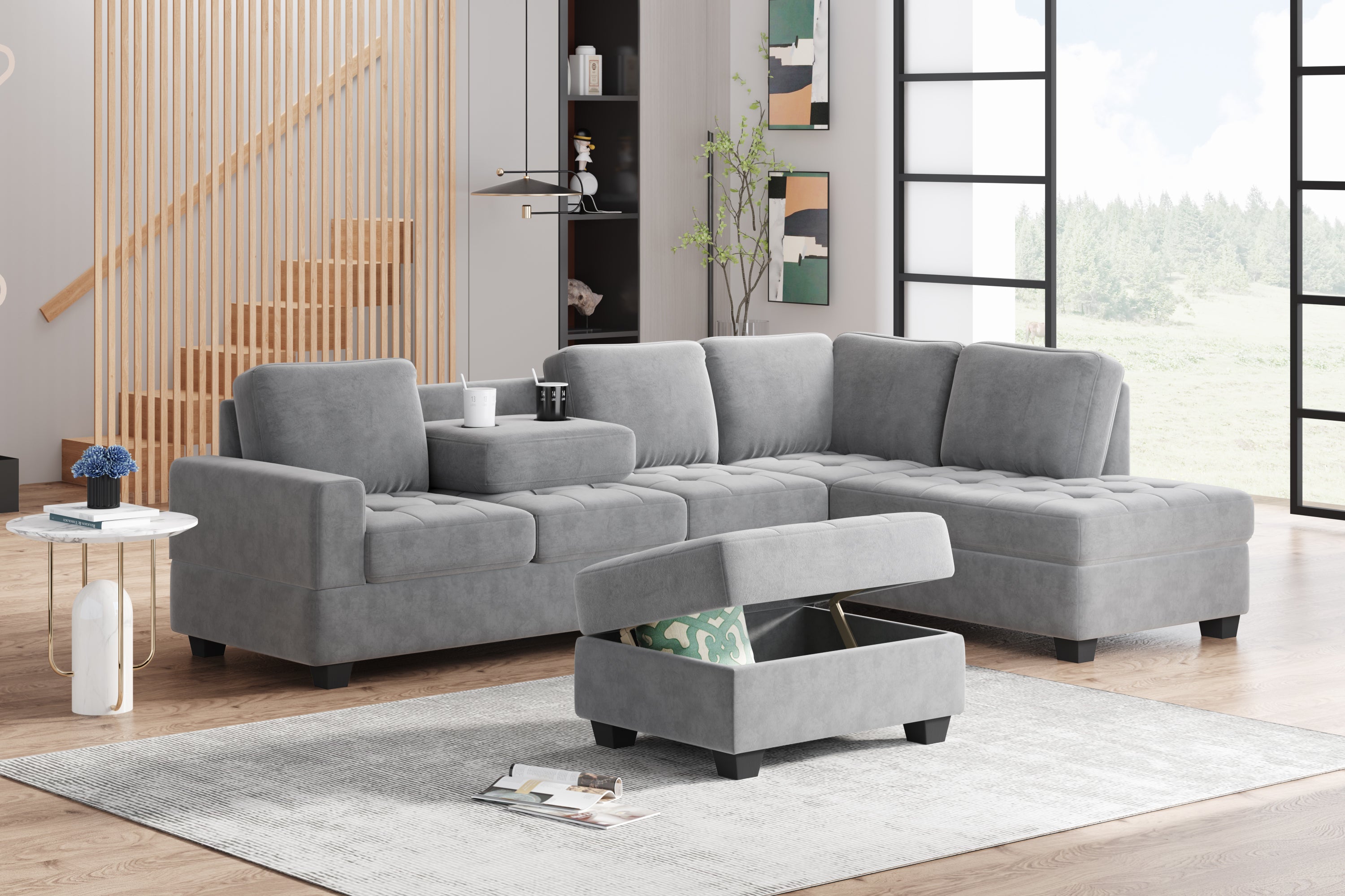 Orisfur. Modern Sectional Sofa with Reversible Chaise, L Shaped  Couch Set with Storage Ottoman and Two Cup Holders for Living Room