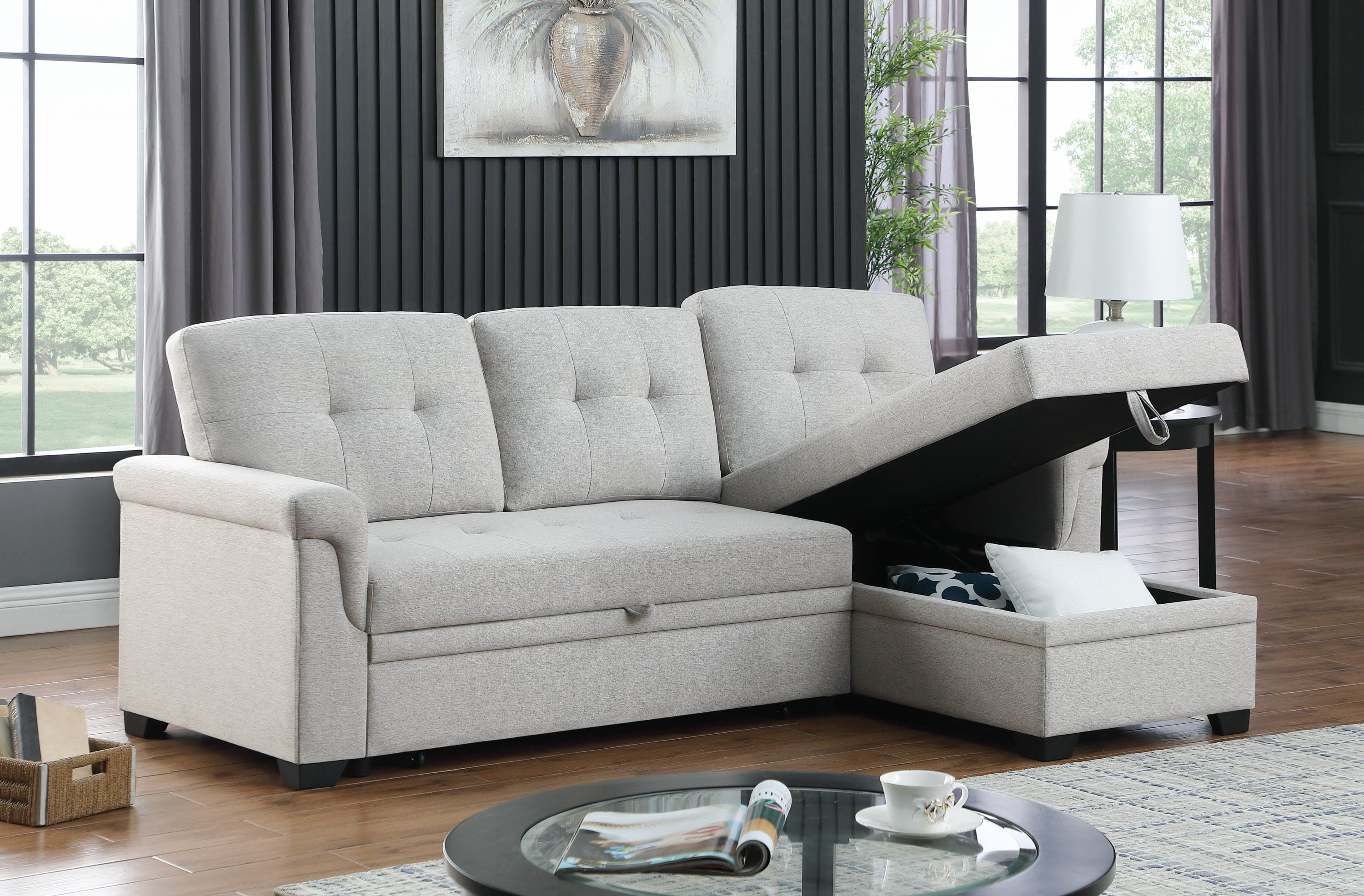 Lucca Light Gray Linen Reversible Sleeper Sectional Sofa with Storage Chaise