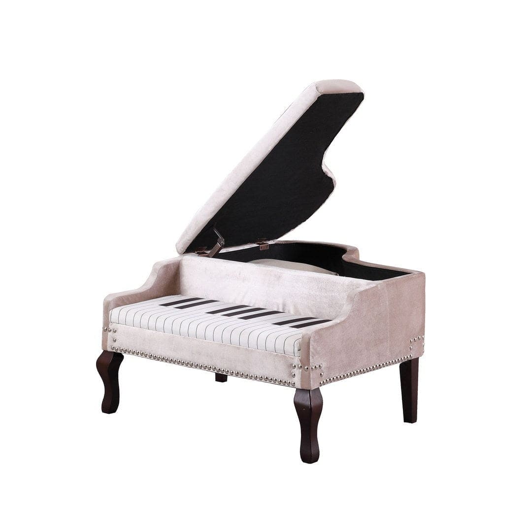 21-Inch-Long Beige Piano Silver Nailheads Storage Ottoman