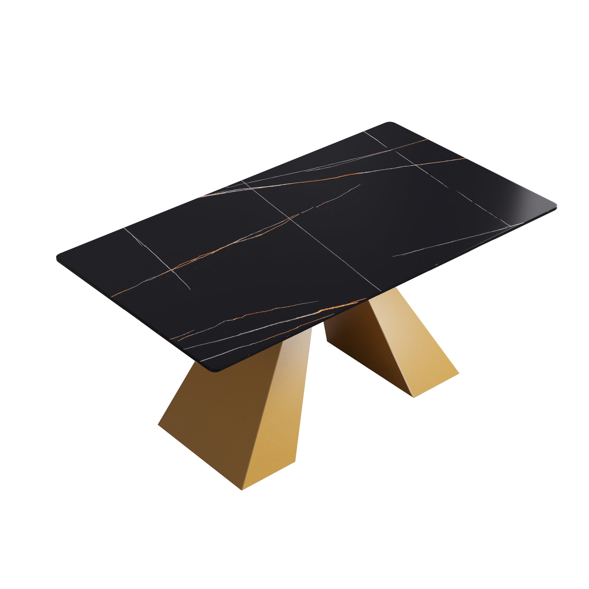 63"Modern artificial stone black straight edge golden metal leg dining table -6 people