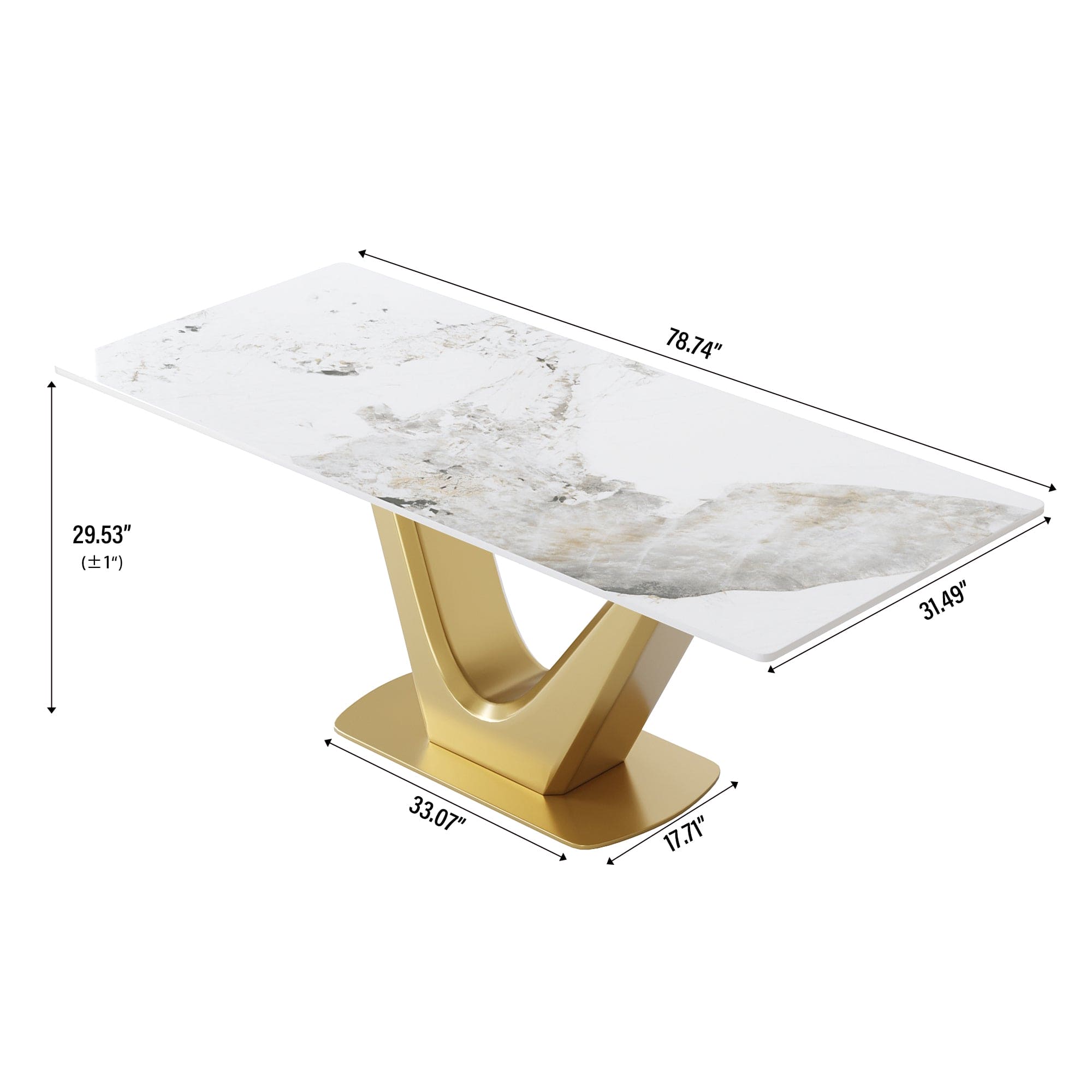 78.74 "modern artificial stone pandora white panel golden V-shaped metal legs-can accommodate 8 people.