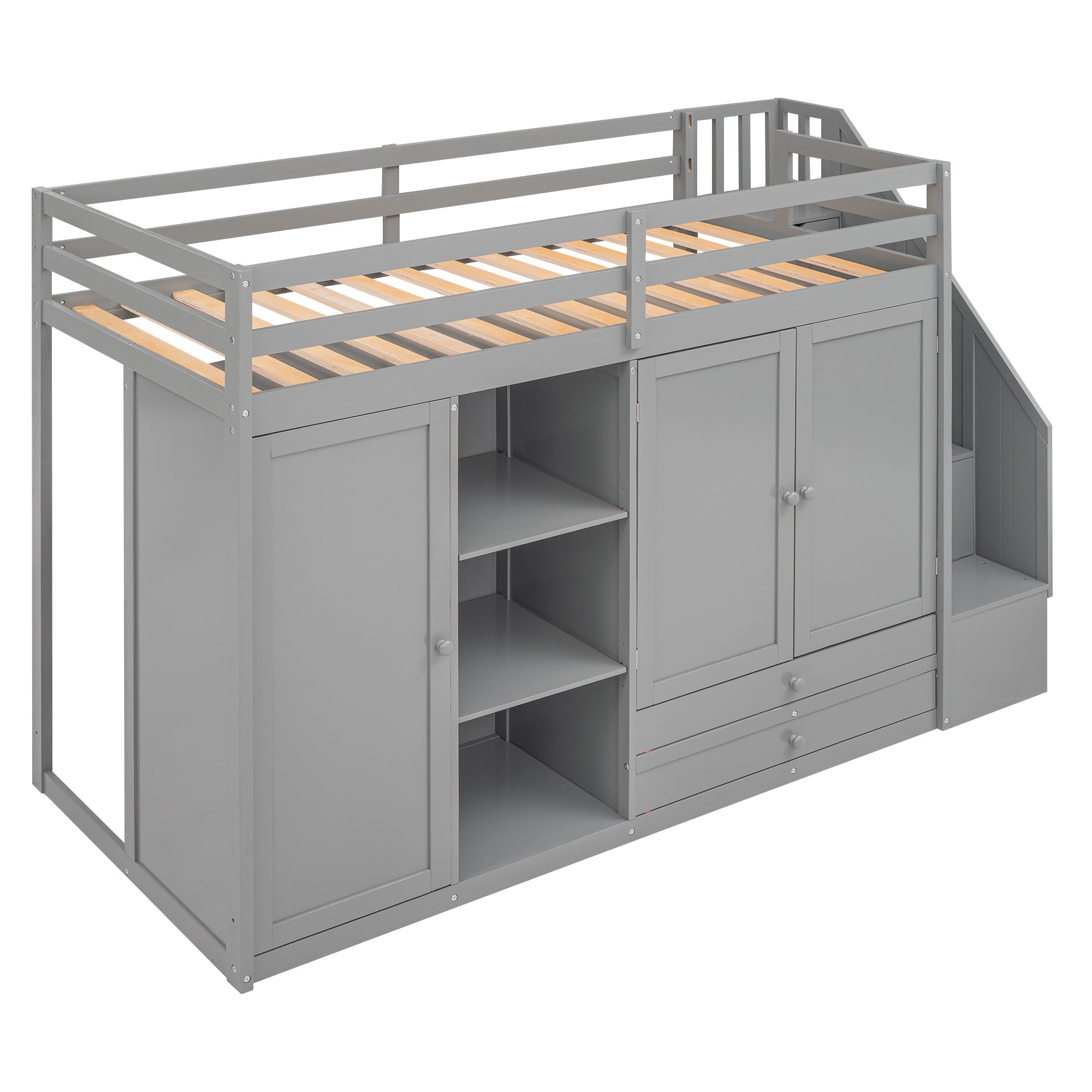 Functional Loft Bed with 3 Shelves, 2 Wardrobes and 2 Drawers,  Ladder with Storage, No Box Spring Needed, Gray