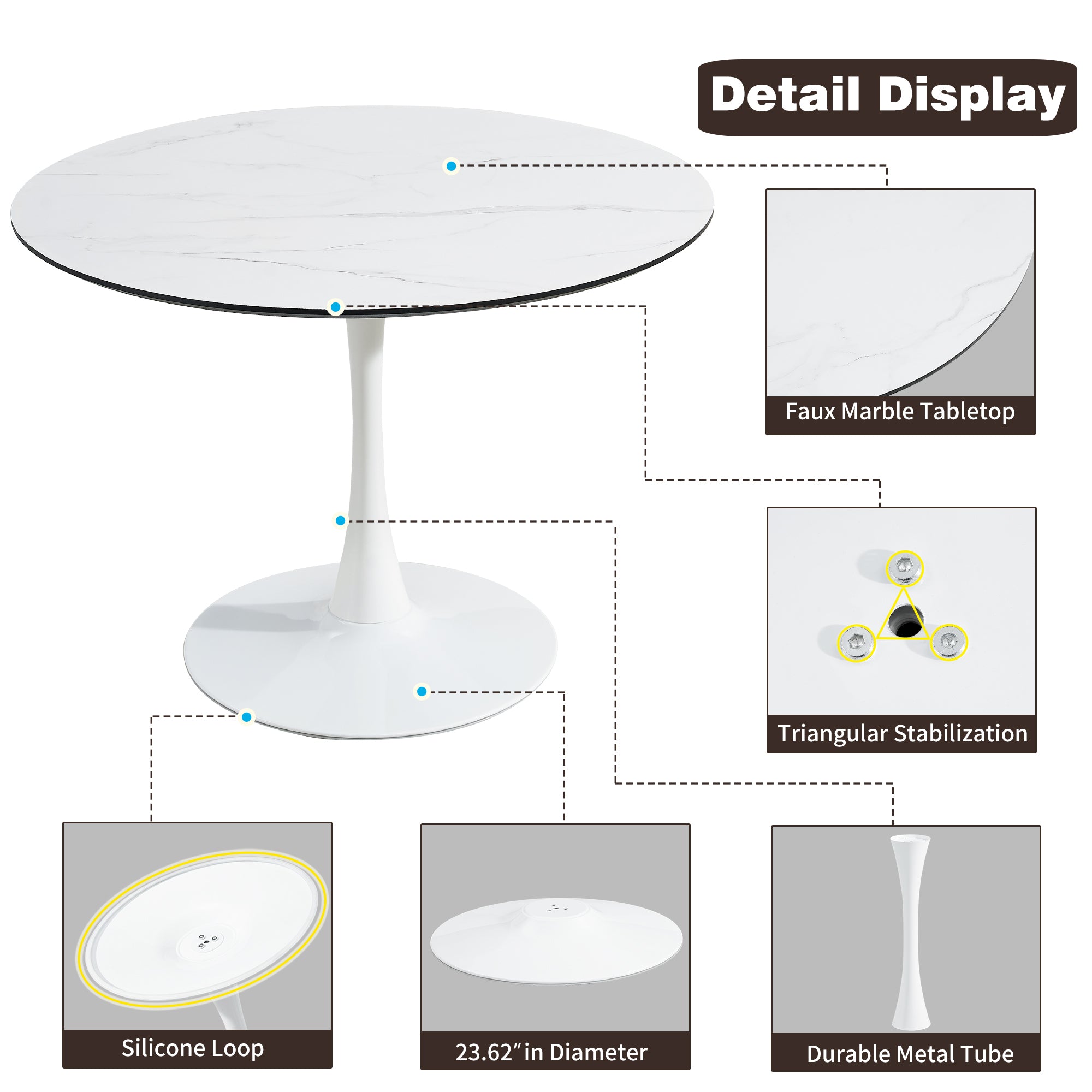 TULIP DINING TABLE ,Dia. 100cm ROUND, WHT, MARBLE WHT, 1pc per ctn