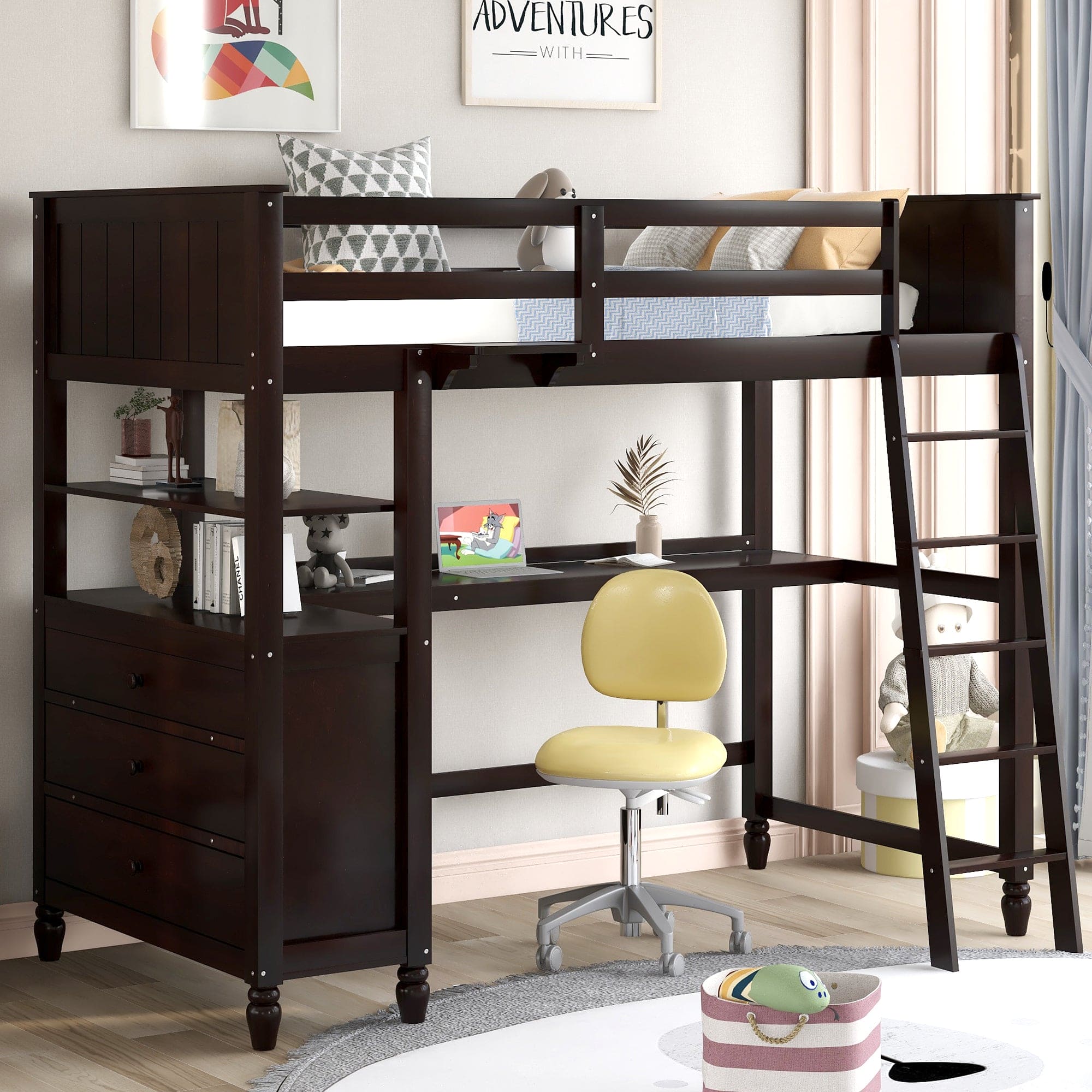 Twin size Loft Bed with Drawers and Desk, Wooden Loft Bed with Shelves - Espresso(OLD SKU: LT001530AAP)