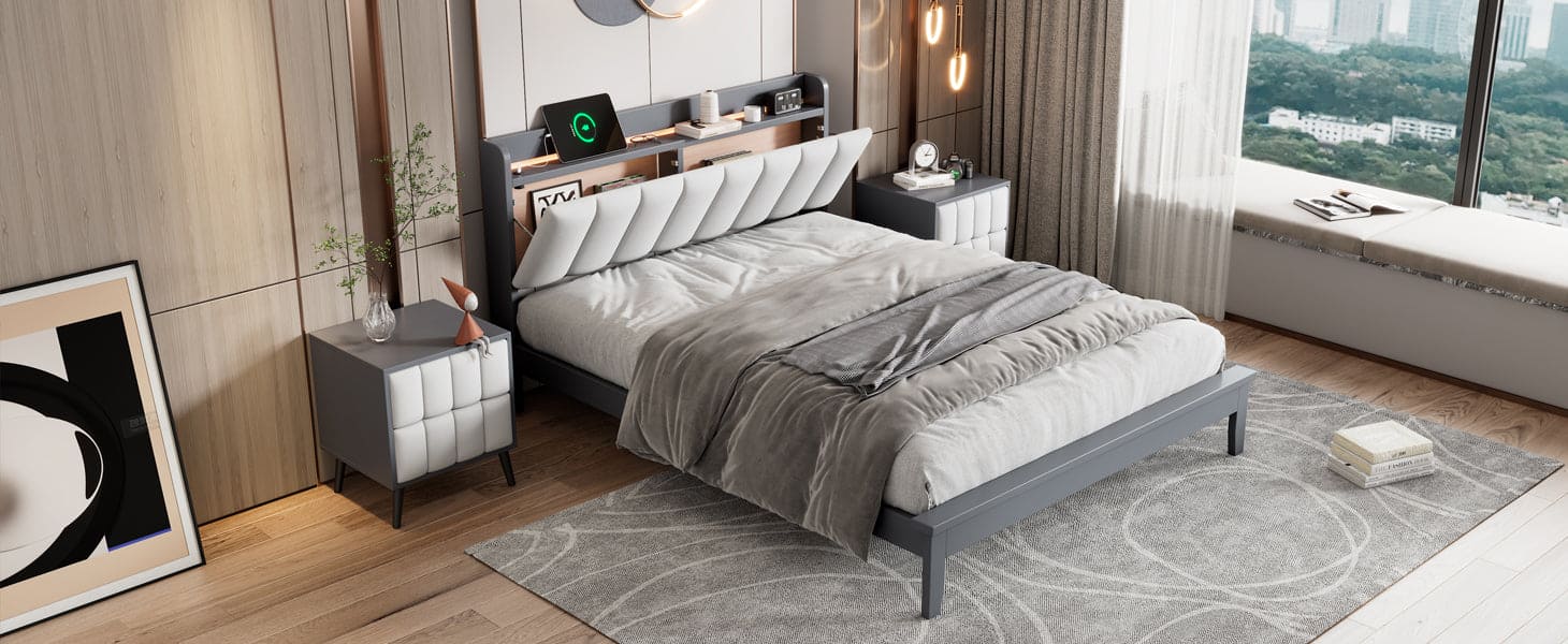 Queen size Platform Bed with USB Charging Station and Storage Upholstered Headboard,LED Bed Frame,No Box Spring Needed,Gray+White