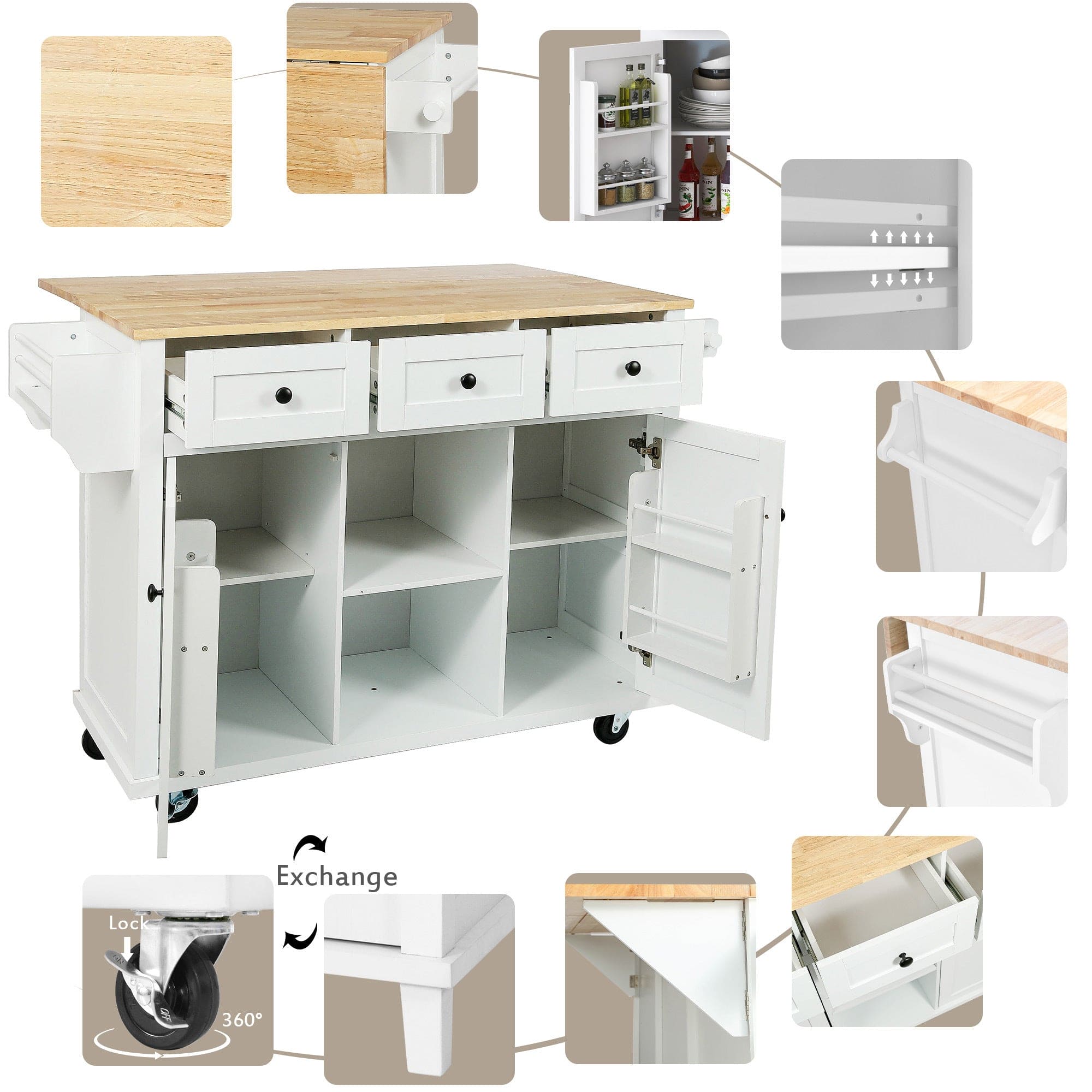 Kitchen Cart with Rubber wood Drop-Leaf Countertop ,Cabinet door internal storage racks,Kitchen Island on 5 Wheels with Storage Cabinet and 3 Drawers for Dinning Room,White